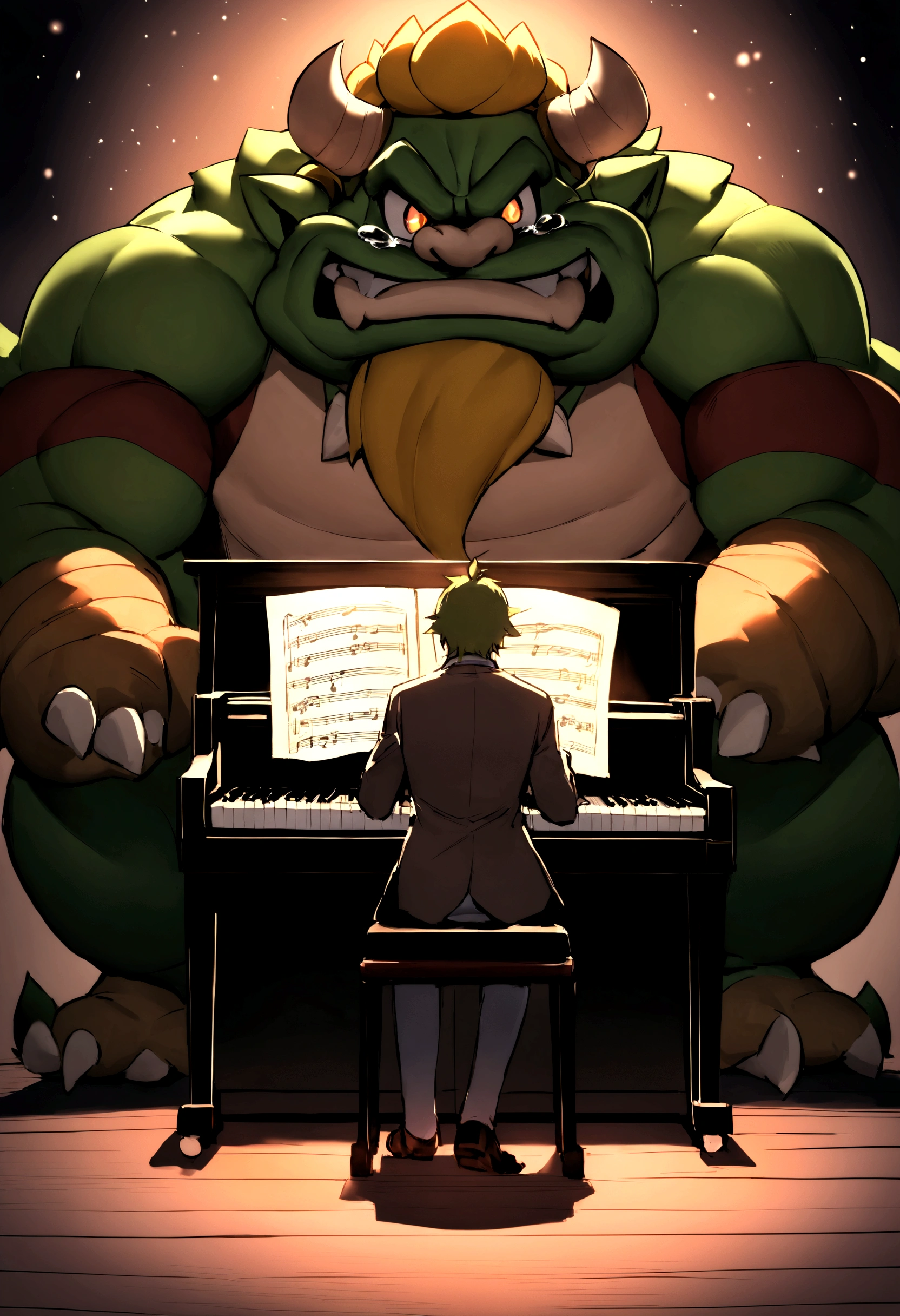 Create Me An Amazing Painting Of King Bowser In a dimly lit room which he Is in an  uncharacteristically vulnerable moment. He stands at the center of the scene, singing passionately into a PICTURE OF PRINCESS PEACH on a PIANO. His eyes are FULL OF TEARS, emphasizing the intensity of his sorrowful song. Tears stream down his face, glistening in the faint light and pooling at his feet, indicating just how deeply affected he is.