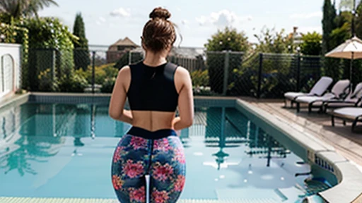 fat ssbbw curvy bottom heavy pear shaped wide hiped british women, 30 brunette, they are standing together near the pool, they are wearing tight low waisted leggings, and short sleeved floral camisoles, they bend over, view from behind, their leggings are ripped