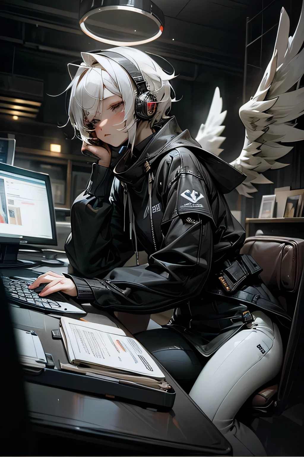 anime style, super fine illustration, highly detailed, dynamic angle, beautiful detailed, 8K, At night, in a dark room, Blake. A woman sits in front of her computer, unable to sleep. BREAK She is wearing a headset with a microphone and holding a video game controller, BREAK She is playing a awesome game.Angel Wing,white hair,Angel Halo,perfect face,perfect hands,short hair,sharp eyes,perfect contoroller,8k quality,Break on desktop,army jacket,coffee,涙を流す,