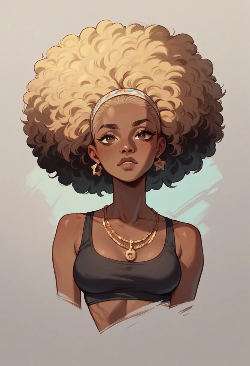Ply the doll with dark skin with medium blonde hair and light highlights, afro hair
