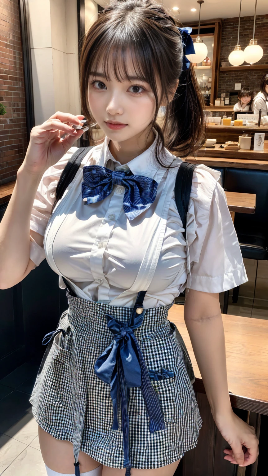 Top quality, ultra high resolution, (photorealistic: 1.4), one girl, white blouse, blue skirt, bow tie, (faded ash-gray hair: 1), (huge breasts: 0.5), full body (huge breasts: 0.5), looking viewer