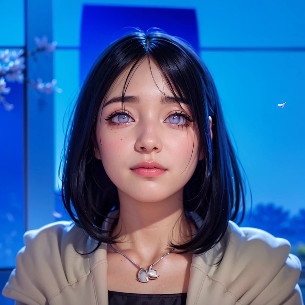 H1N4T4, 1girl, hyuuga hinata, solo, (realistic:0.5), masterpiece, solo, (best quality, perfect detailed, beautifully detailed face, detailed eyes), glistening shiny, ray tracing, DOF, HDR, gradient eyes, sharp eyelashes, ((eyelashes)), mascara, detail_face, eyelashes, shiny hair, flirting, seductive smile, parted lips, medium breasts, (soft particles floating:1.1), ((looking at viewer)), (playmate pose:1.1), (full body:1.1), ((8k wallpaper)), ((highres)), long hair, black hair, white eyes, (pants:1.2), hand on hip, hood, bangs, full body, standing, blurry, looking at viewer, long sleeves, smile, (grassfield:1.4), (tree:1.2), (cherry blossom:1.3), (blue sky:1.3), (sun),
