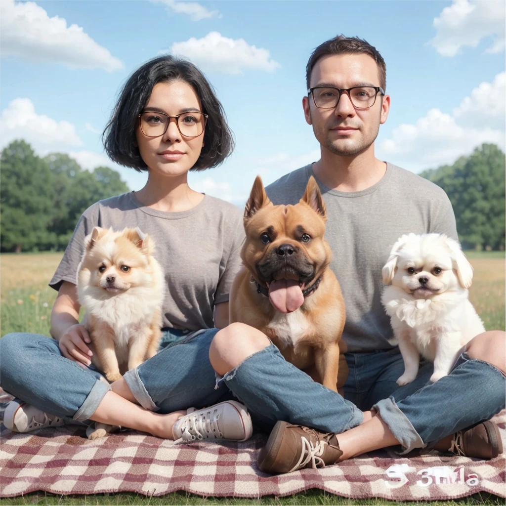 realistic 3D caricature image, a 30 year old woman, shoulder length black hair, wearing square glasses, a 30 year old man, buzzcut hair, wearing square glasses, a large nude colored American bully dog, a brown Pomeranian and a white Pekingese, having a picnic in the meadow. tree background.