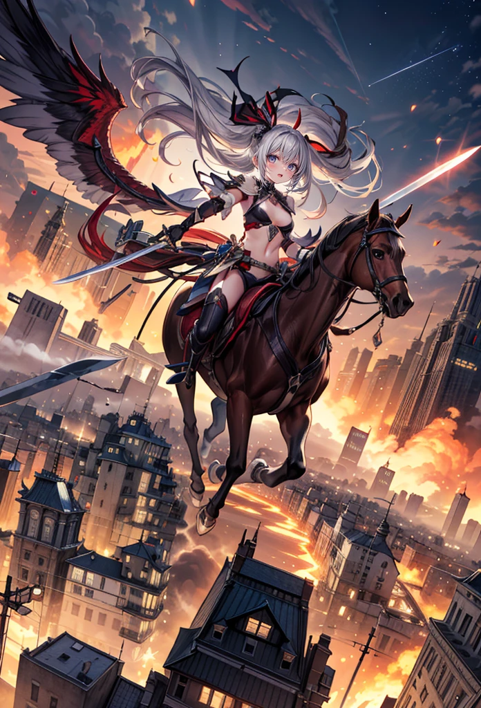 (masterpiece:1.2), best quality, high resolution, extremely detailed CG, absurdres, highres, 1girl, solo, An angel knight lady holds a sword on a red horse flys in sky and attack the city, city on fire