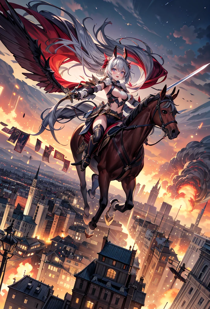 (masterpiece:1.2), best quality, high resolution, extremely detailed CG, absurdres, highres, 1girl, solo, An angel knight lady holds a sword on a red horse flys in sky and attack the city, city on fire