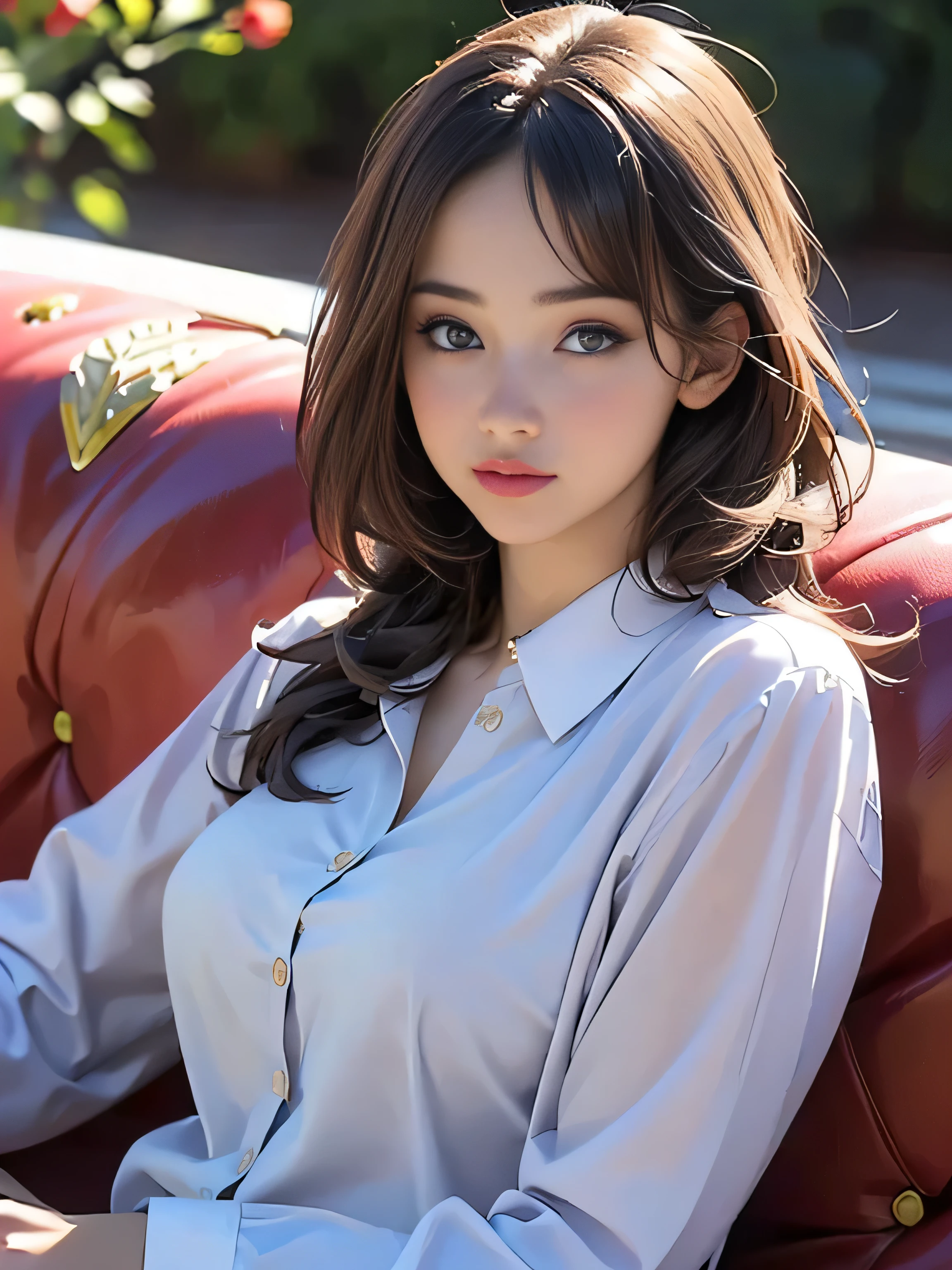 (photorealistic:1.5),(Realistic:1.5),(solo, one girl:1.5),(shine a bright light on women),(ultimate beautiful girl:1.5),(light brownHair:1.3),(shiny skin),(oily skin),(sweet smelling girl),(virgin girl:2.0),chuuChloe,(cool:1.5),(relaxing time:1.5),(holiday),(Sexy lips),(Rose Garden),(large eyes),(formal shirt:1.5),