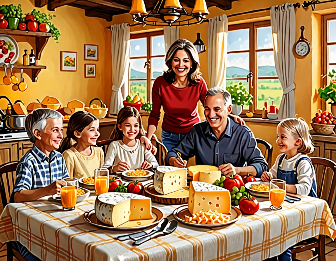 Family ((adult man and woman who are (over 45 years old)) and (( boy and girl (12 years sitting at the table with food, Eating cheese, Warm and happy atmosphere, Good morning, Family dinner, delicious, cheese on the table, Noon, realistic