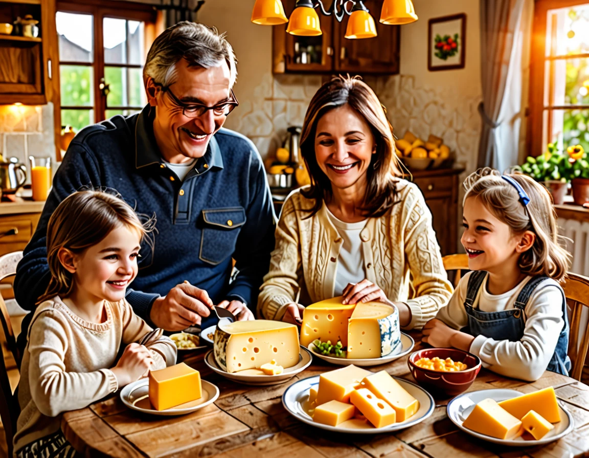 Family ((adult man and woman who are (over 45 years old)) and ((children boy and girl (12 years old each))) sitting at the table with food, Eating cheese, Warm and happy atmosphere, Good morning, Family dinner, delicious, cheese on the table, Noon, realistic
