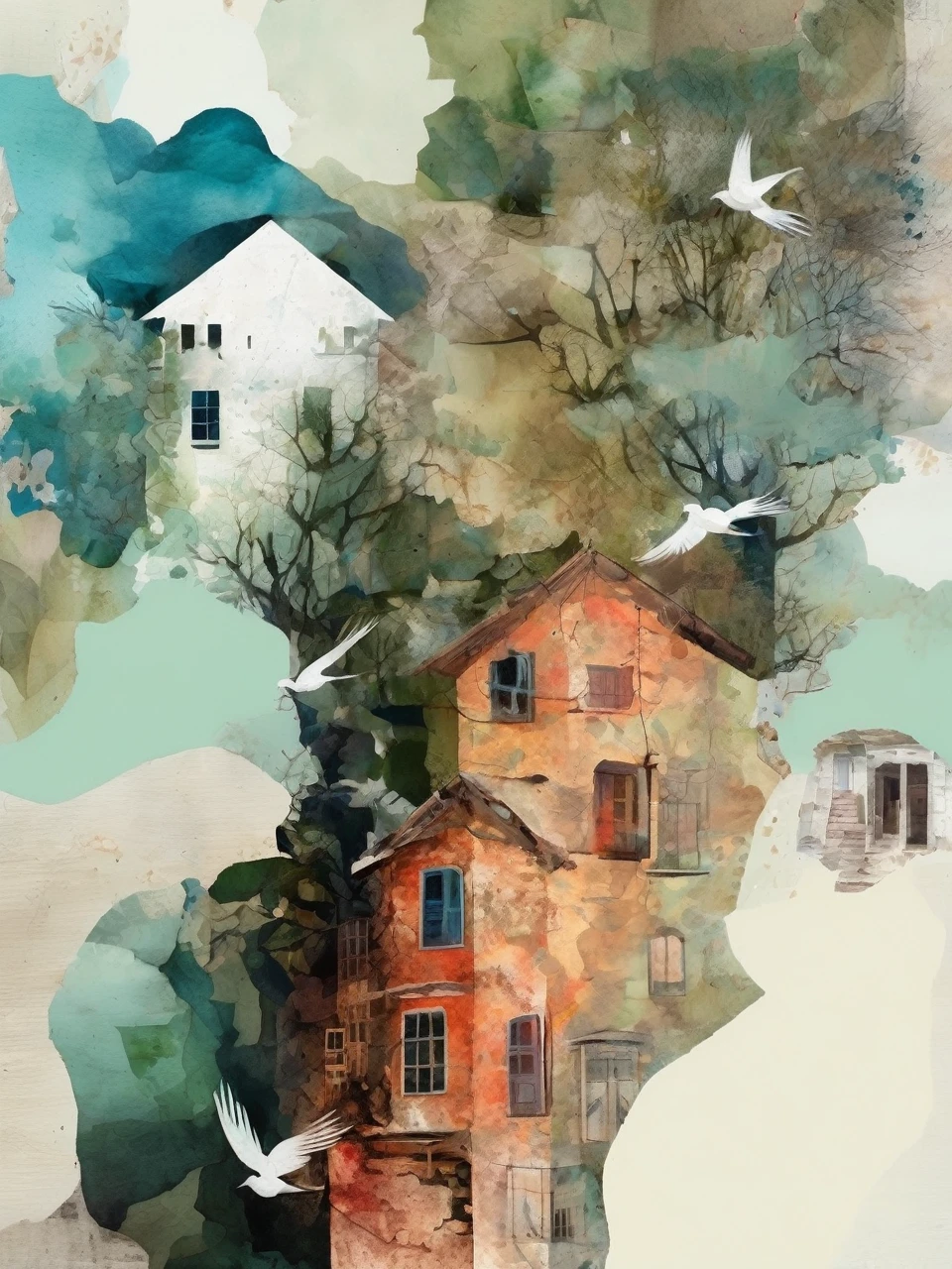 n art paper painting with birds flying and houses with houses, in the style of soft and dreamy, light blue and green, quirky collage, crystalline and geological forms, soft rough watercolours, digital collage, secluded settings 