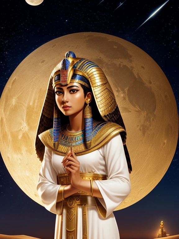  Masterpiece, egyptian mythology,Jonsu, Moonlight,lunar ornament, Ancient Egypt, pie pose, evening, White clothes, egyptian clothing, desert, Ancient Egypt, ((falcon head, man&#39;s body)), aesthetics, Beautiful image, centered on screen, pie pose