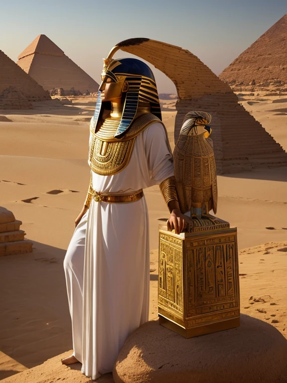  Masterpiece, egyptian mythology,Jonsu, Moonlight,lunar ornament, Ancient Egypt, pie pose, evening, White clothes, egyptian clothing, desert, Ancient Egypt, ((falcon head, man&#39;s body)), aesthetics, Beautiful image, centered on screen, pie pose