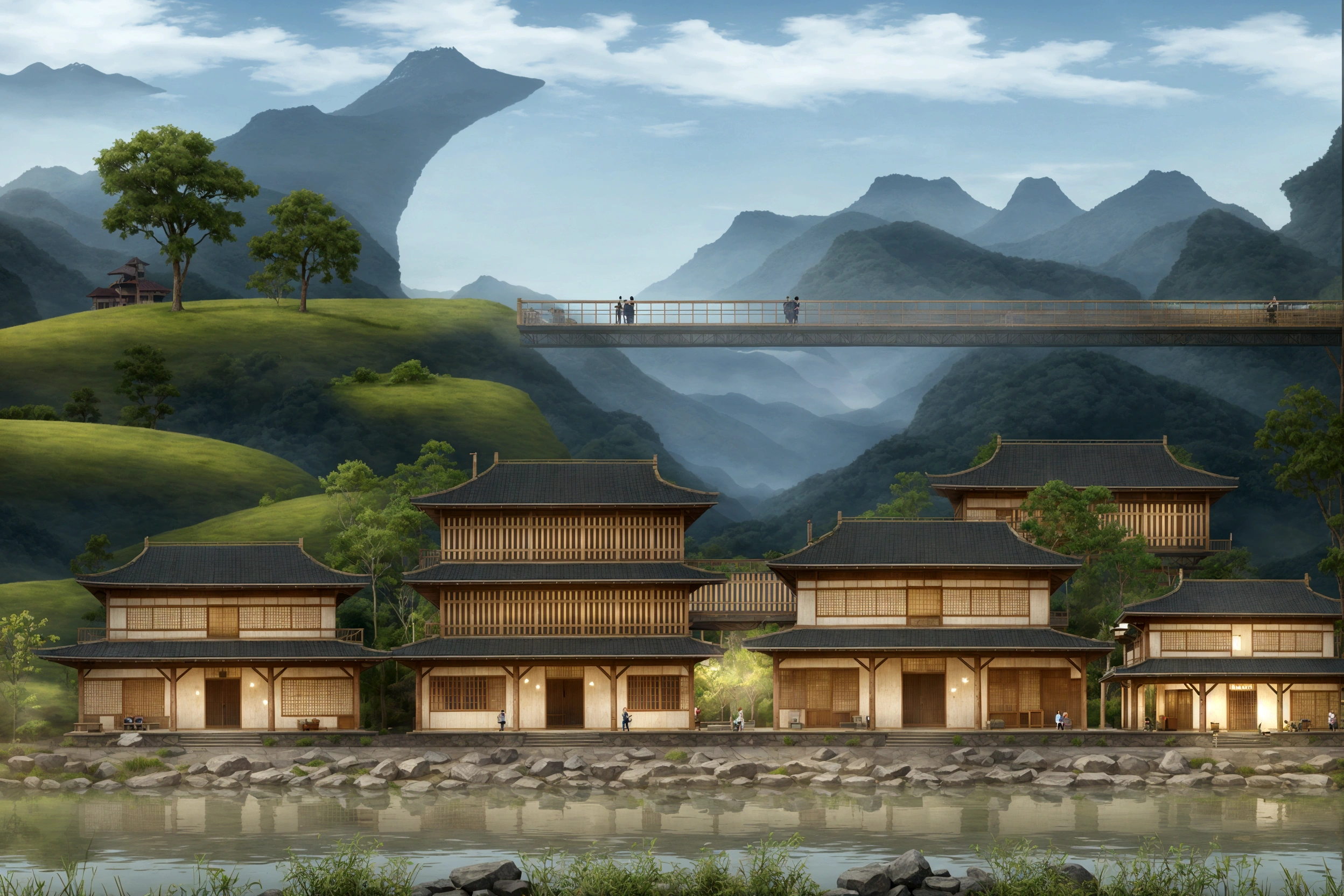 cartoon illustration of a japanese village with a bridge and a river, temple background, zen temple background, dojo on a mountain, town background, mobile game background, 2d game background, ancient city landscape, 2 d game art background, 2 d game environment design, town center background, chinese village, japanese town, distant village background, videogame background, japanese village