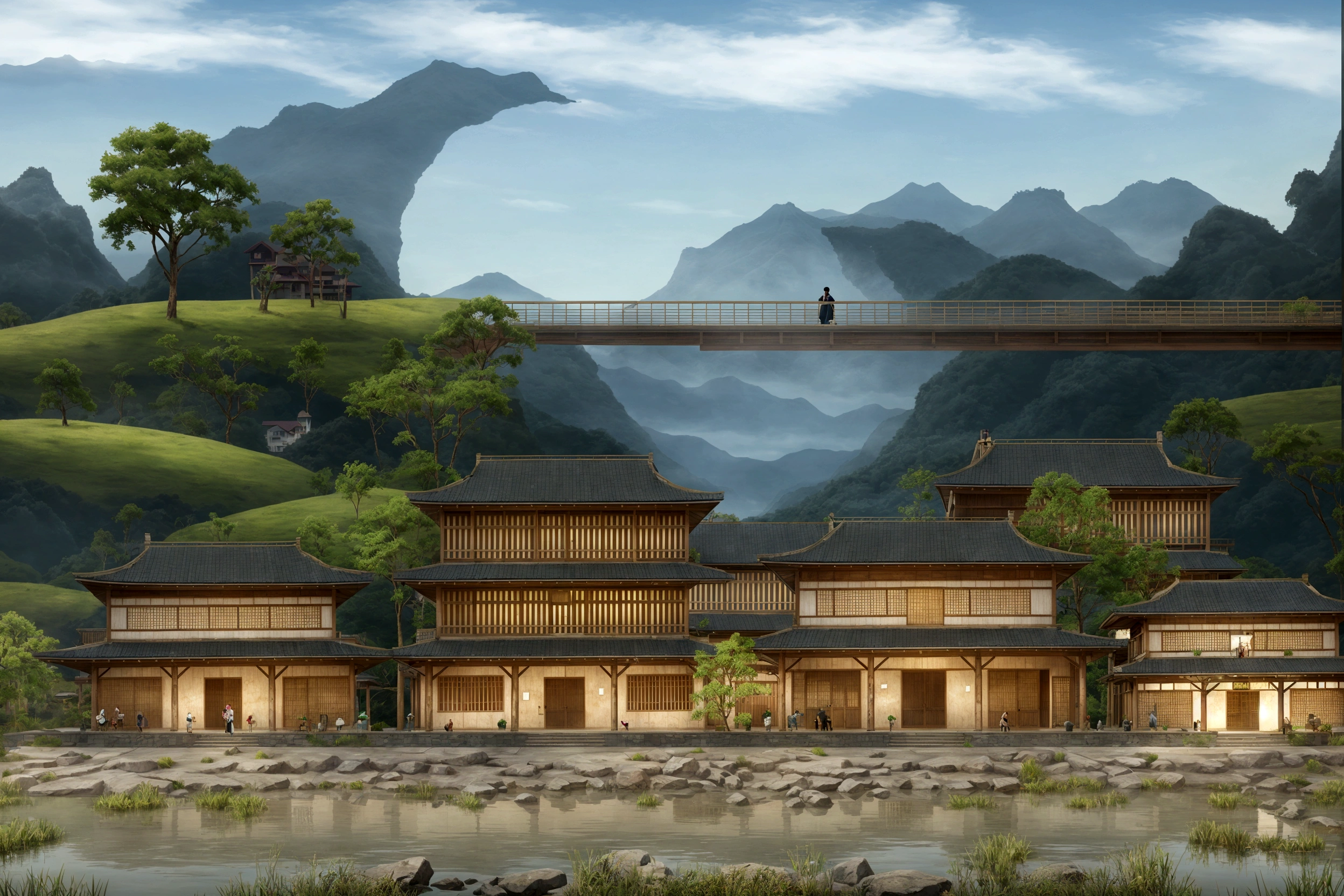 cartoon illustration of a japanese village with a bridge and a river, temple background, zen temple background, dojo on a mountain, town background, mobile game background, 2d game background, ancient city landscape, 2 d game art background, 2 d game environment design, town center background, chinese village, japanese town, distant village background, videogame background, japanese village