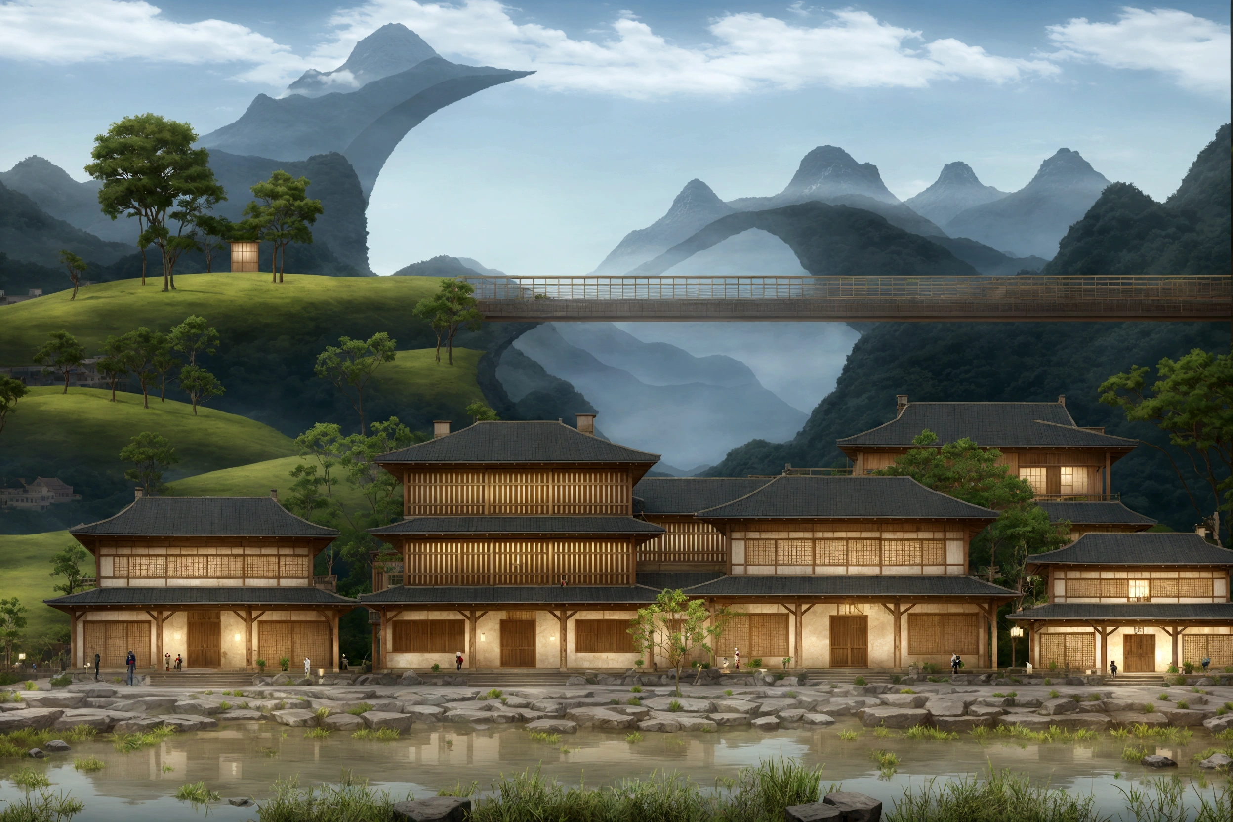 cartoon illustration of a japanese village with a bridge and a river, temple background, zen temple background, dojo on a mountain, town background, mobile game background, 2d game background, ancient city landscape, 2 d game art background, 2 d game environment design, town center background, chinese village, japanese town, distant village background, videogame background, japanese village