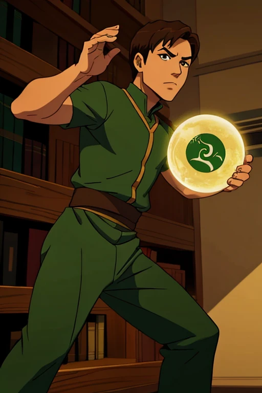 white boy brown eyes, simple green outfit, earthbender, burglar