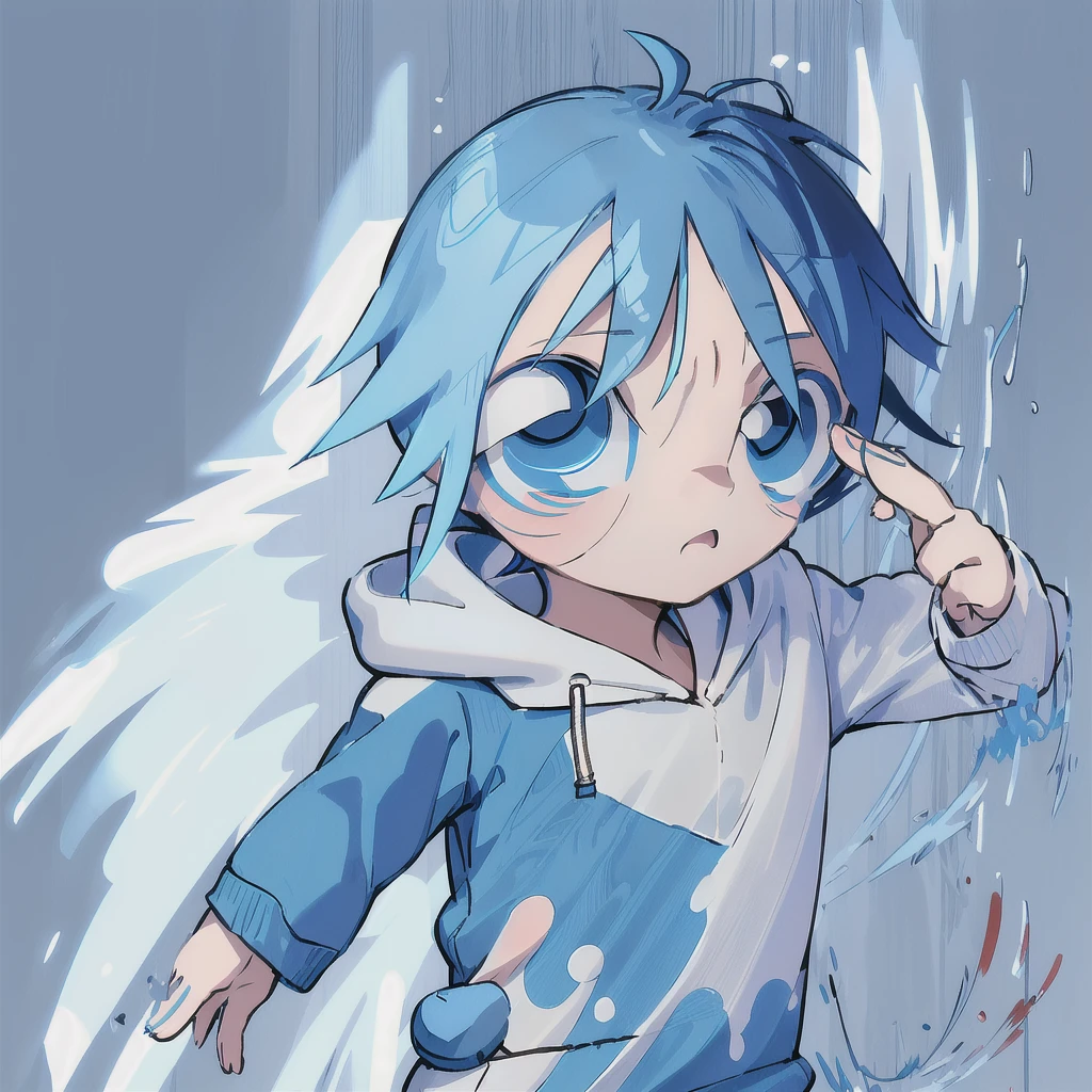 ((1boy), chibi, full body, blue eyes, blue hair, blue hoodie, (Boy Messy Japanese Round Haircut for Thick Hair), simple background, (solo)),