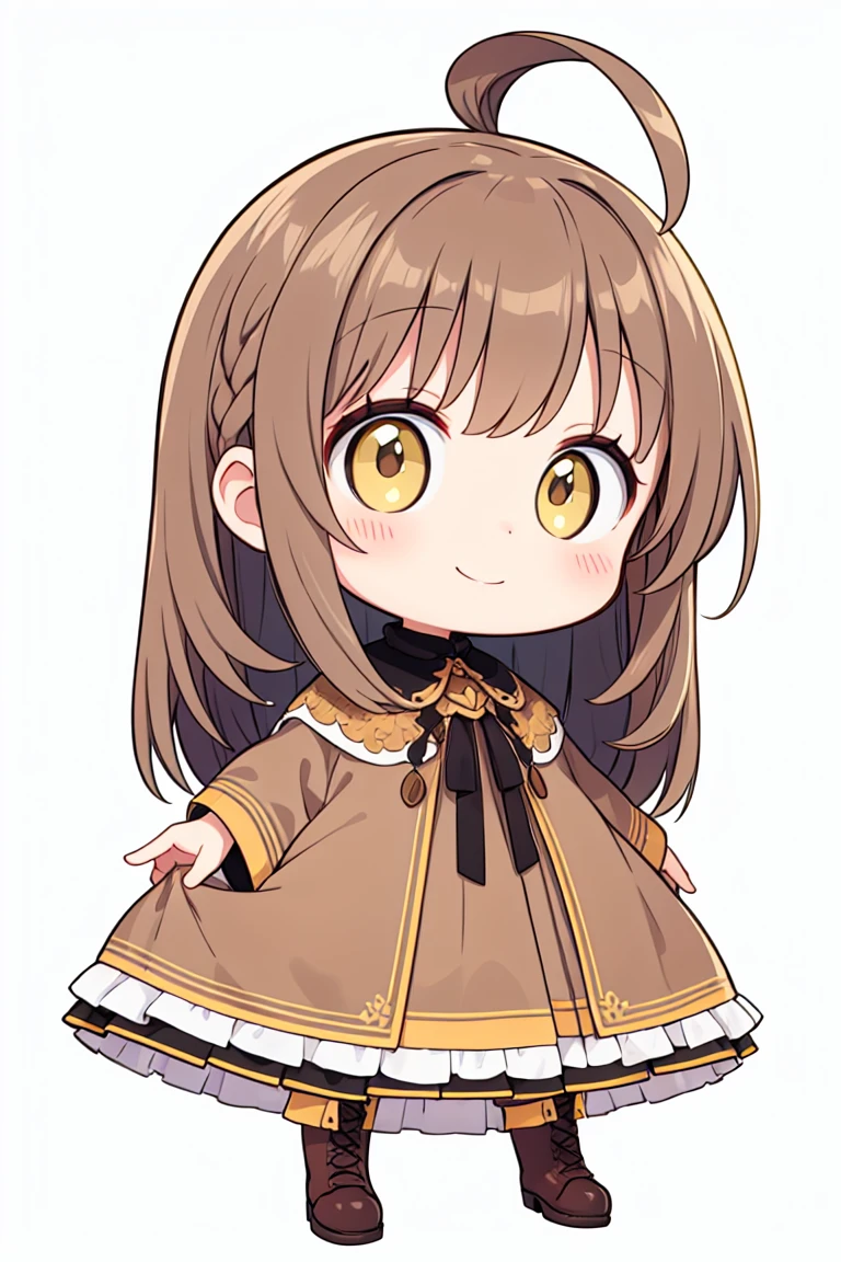 chibi, flat color, solo, full body, cute, (highest quality), bronze hair, yellow eyes, Beautiful Eyes, smile, yellowish brown clothes, white background, (masterpiece)