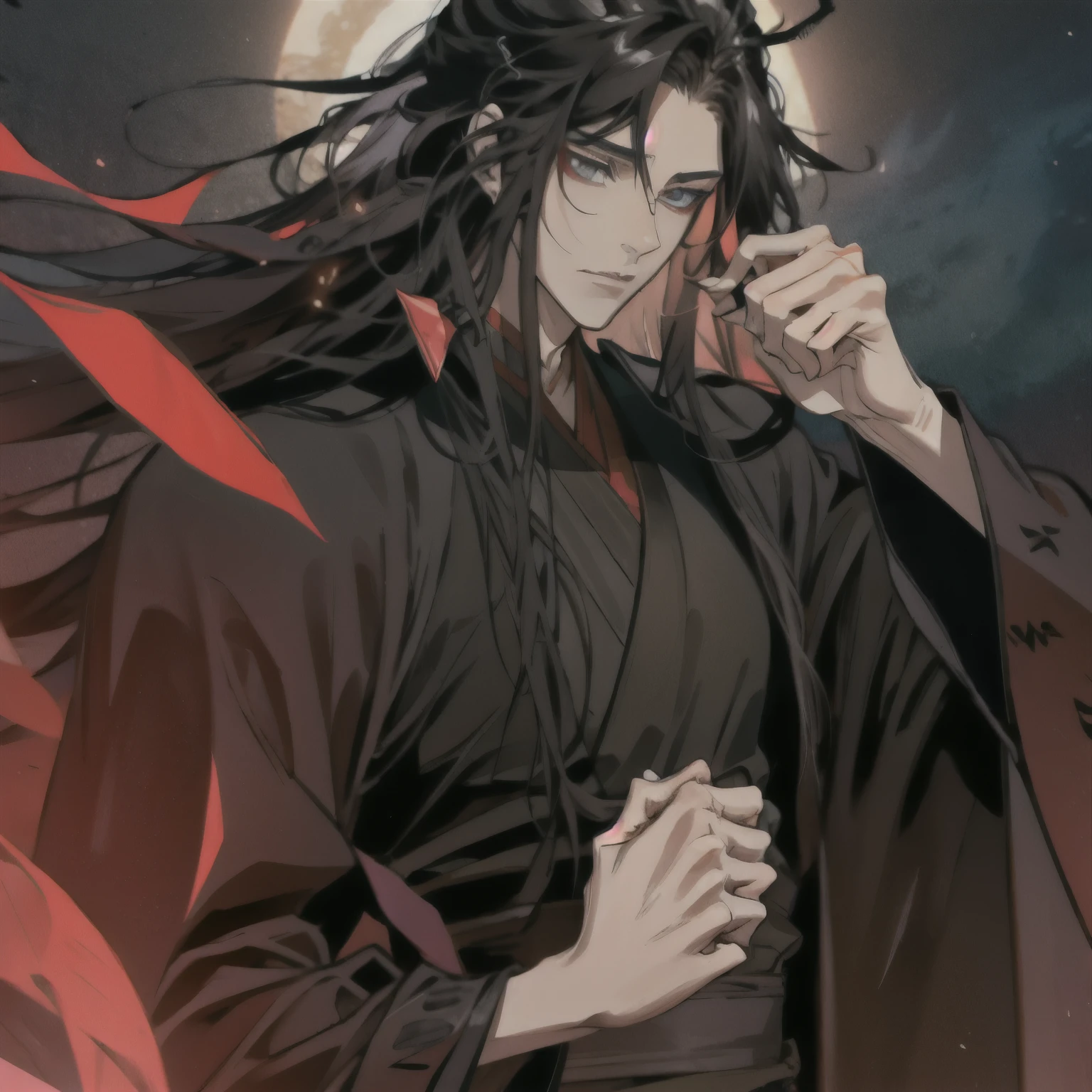 (masterpiece, best quality:1.2), 1male, solo, wei wuxian, mo dao zu shi, mdzs, black clothes, grey eyes, long black hair, perfect anatomy