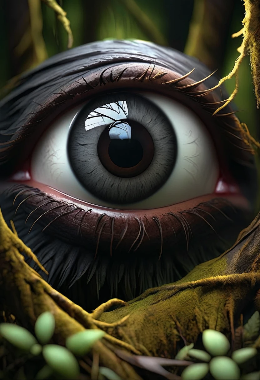 A dark and foreboding forest, pitch black night, glowing eyes lurking in the shadows, detailed realistic eyes, horror atmosphere, cinematic lighting, dramatic chiaroscuro, moody colors, muted tones, gloomy mood, sinister presence, mystery, suspense, photorealistic, 8k, best quality