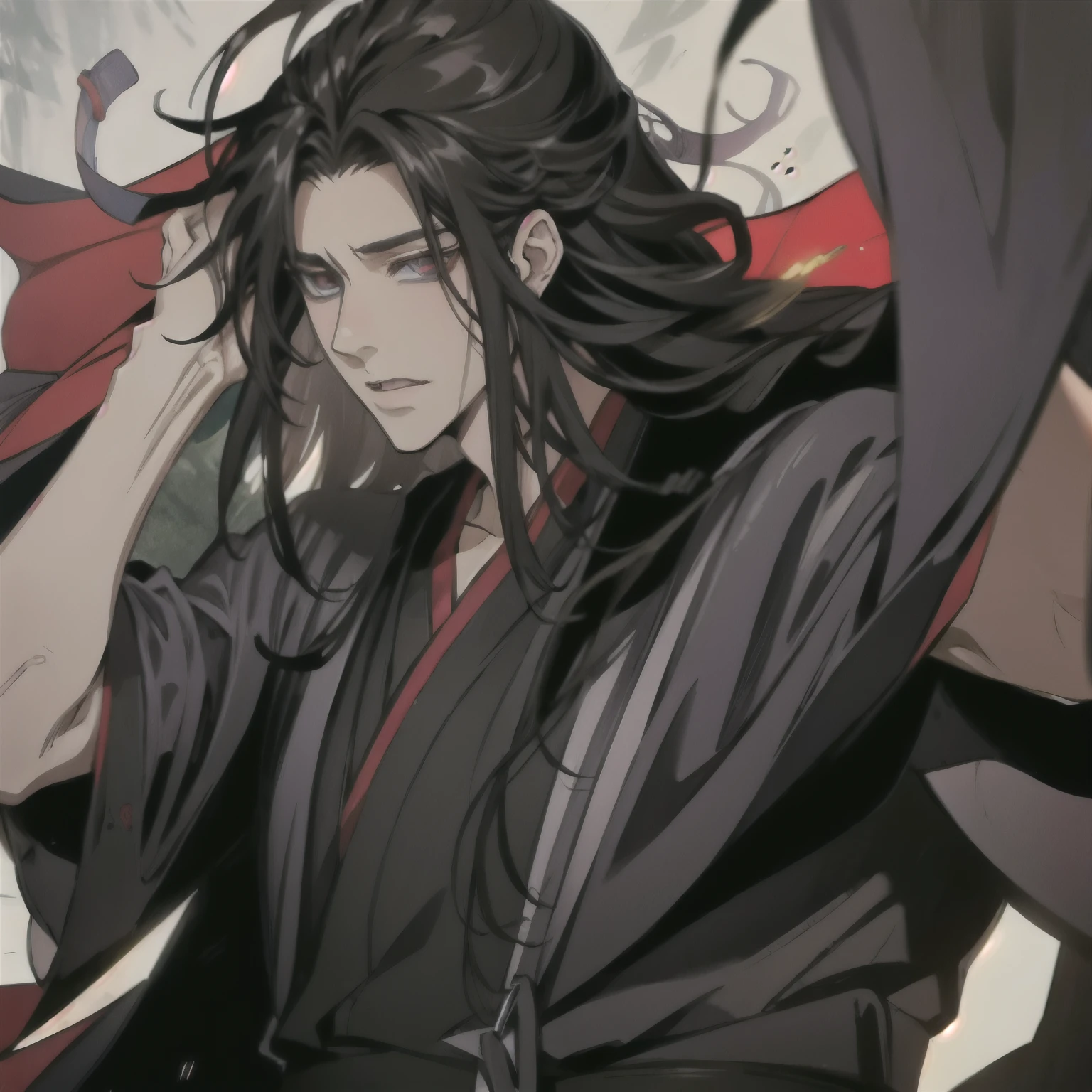 (masterpiece, best quality:1.2), 1male, solo, wei wuxian, mo dao zu shi, mdzs, black clothes, grey eyes, long black hair, perfect anatomy