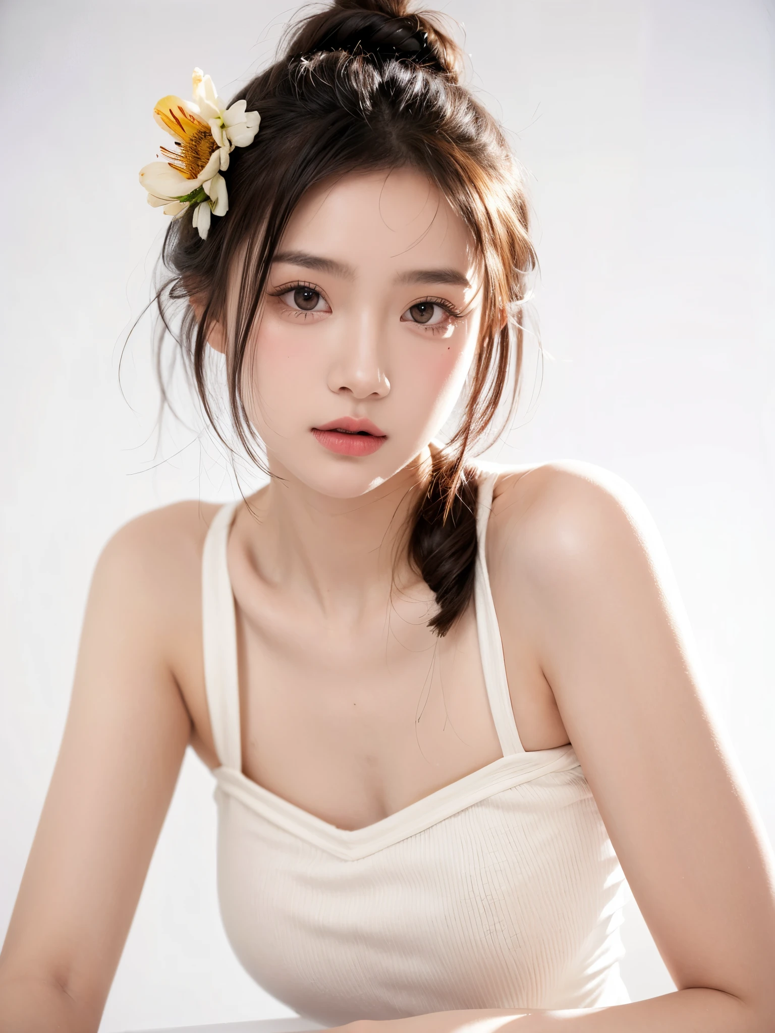 masterpiece,Best picture quality,Extreme details,Ultra-high resolution,Ultra-high definition,Beautiful young people,Glowing skin,thin,Black Hair,Half bun,1,big eyes,beautiful eyes,Lipstick,Exquisite facial features,Medium shot,Looking at the viewer, Tube Top Suspenders,Single tone background,White background,Soft light,Wear flowers on your head