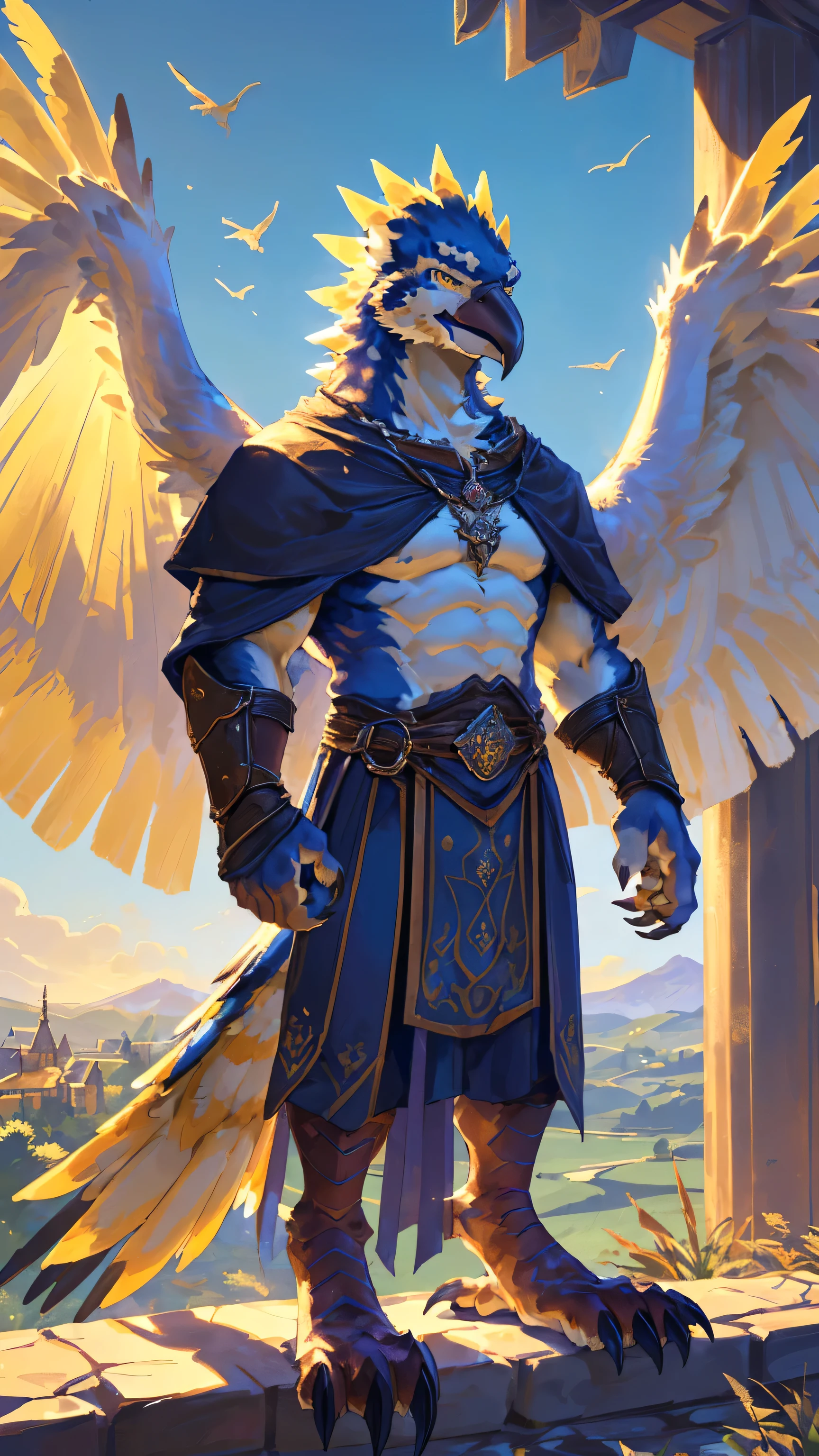 ((middle Ages:1.3)),【Sky background:1.6】,(Royal Family:1.2),((sunny:1.4)),high resolution,4K,【9:16 Whole body:1.1,posture:1.5】,masterpiece,high quality,((Griffin)),male,Furry,(teenager:1.3),hairy,((Fierce and vicious:1.4)),(((,Lean:1.2,Big Wings:1.3,Bird claws子:1.3))),(((White upper body:1.4))),(((White Wings:1.3))),(((Yellow pupil:1.2))),(((Bird claws:1.3))),(((Lower Body:1.3))),((No shirt,No underwear)),Exquisite eyes,Detailed body,Detailed claws,Detailed feet,Kenket's Art