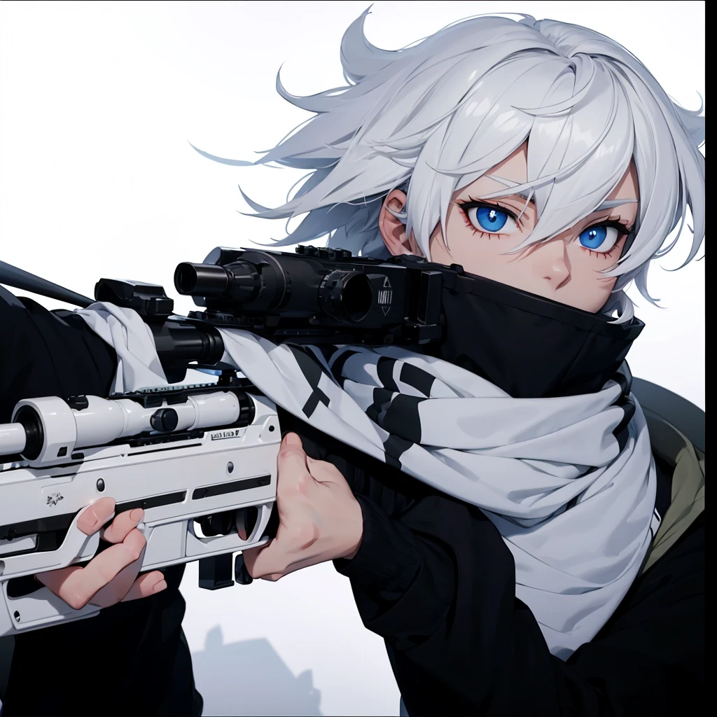 Boy with white hair;
shorth hair;
Messy hair;
eye white;
Some gun sight marks on the pupils;
wear black pants;
black jersey;
A white sweater;
A white scarf;
Snow white pupils The sniper is also white in color There's a white sniper on the back;
He is lying on the ground aiming with the sniper Right hands Symmetry Best quality No errors
Sniper na mão
((Faça ele segurar uma sniper branca simétrica sem erros e a mão segurando corretamente))