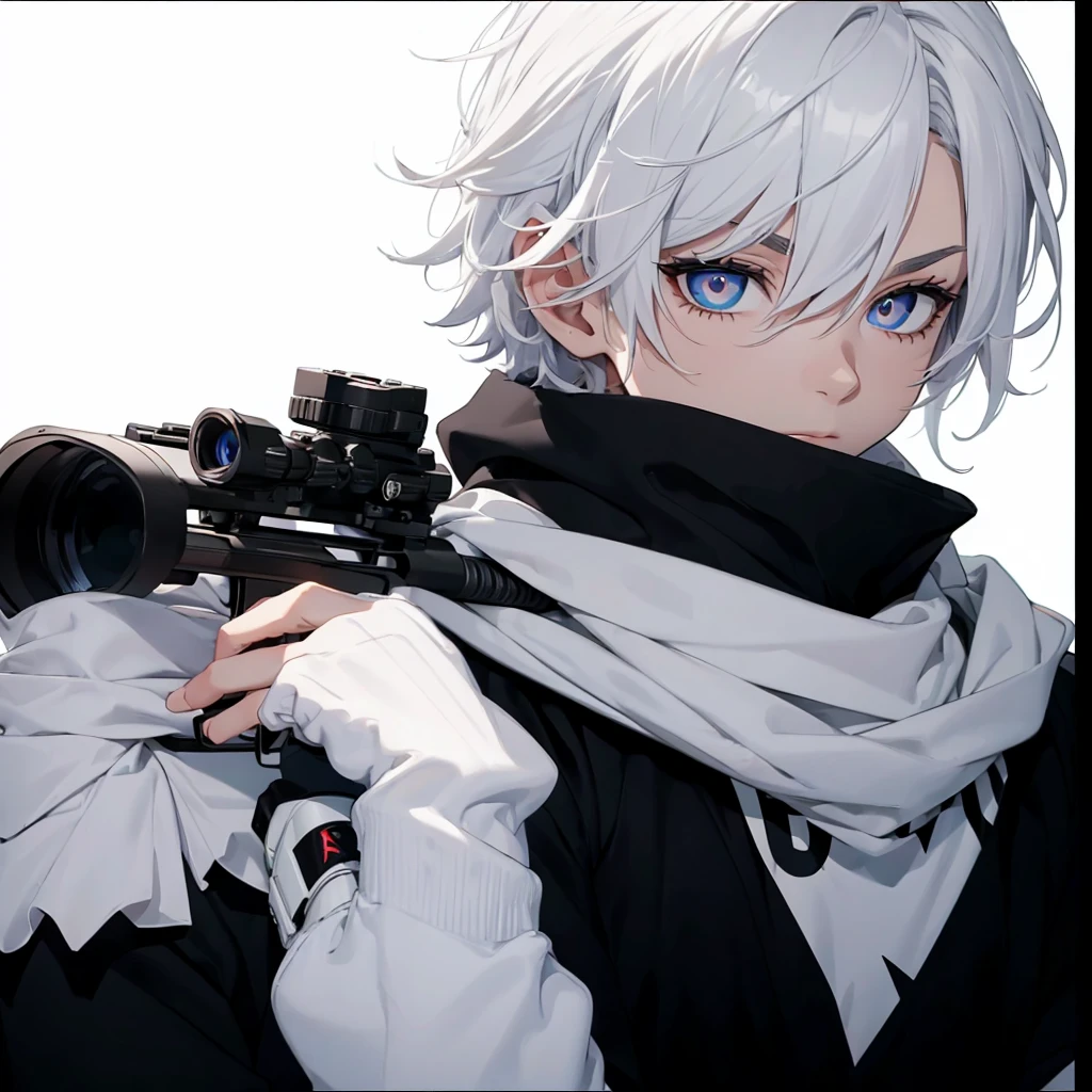 Boy with white hair;
shorth hair;
Messy hair;
eye white;
Some gun sight marks on the pupils;
wear black pants;
black jersey;
A white sweater;
A white scarf;
Snow white pupils The sniper is also white in color There's a white sniper on the back;
He is lying on the ground aiming with the sniper Right hands Symmetry Best quality No errors
Sniper na mão
((Faça ele segurar uma sniper branca simétrica sem erros e a mão segurando corretamente))