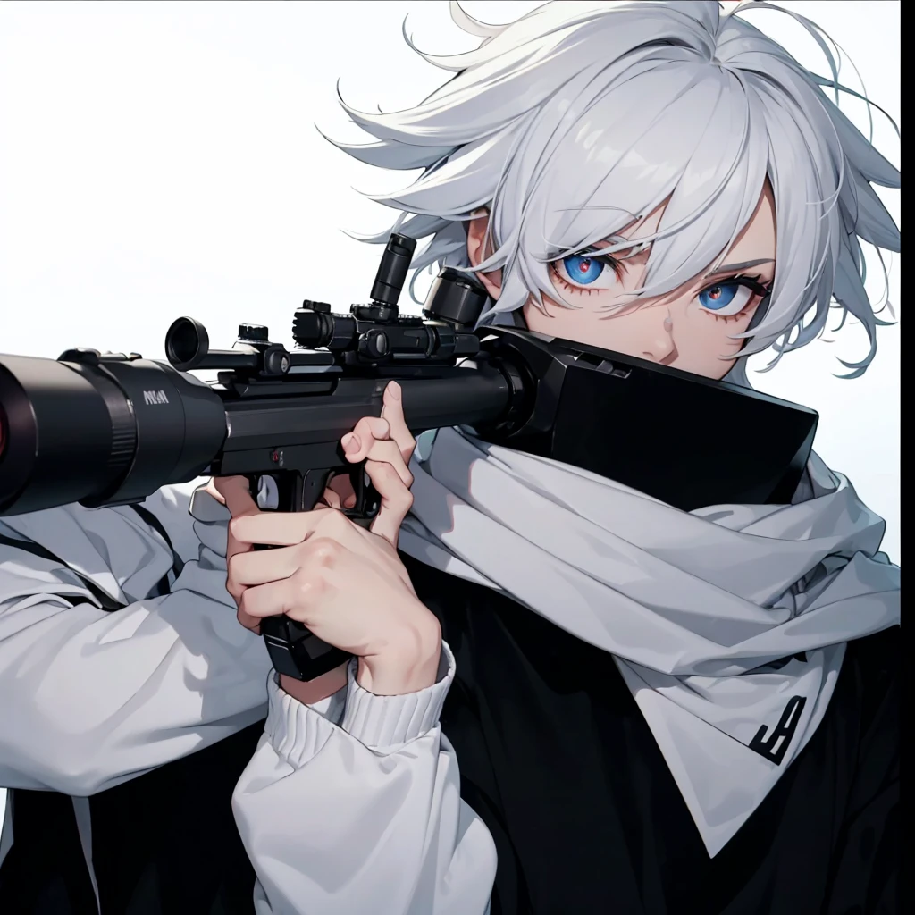 Boy with white hair;
shorth hair;
Messy hair;
eye white;
Some gun sight marks on the pupils;
wear black pants;
black jersey;
A white sweater;
A white scarf;
Snow white pupils The sniper is also white in color There&#39;s a white sniper on the back;


He is lying on the ground aiming with the sniper Right hands Symmetry Best quality No errors 

Sniper na mão 


((Faça ele segurar uma sniper branca simétrica sem erros e a mão segurando corretamente))