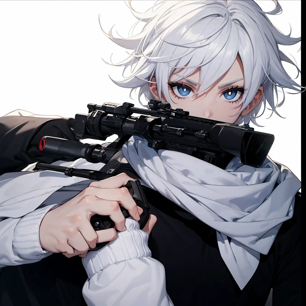 Boy with white hair;
shorth hair;
Messy hair;
eye white;
Some gun sight marks on the pupils;
wear black pants;
black jersey;
A white sweater;
A white scarf;
Snow white pupils The sniper is also white in color There's a white sniper on the back;
He is lying on the ground aiming with the sniper Right hands Symmetry Best quality No errors
Sniper na mão
((Faça ele segurar uma sniper branca simétrica sem erros e a mão segurando corretamente))