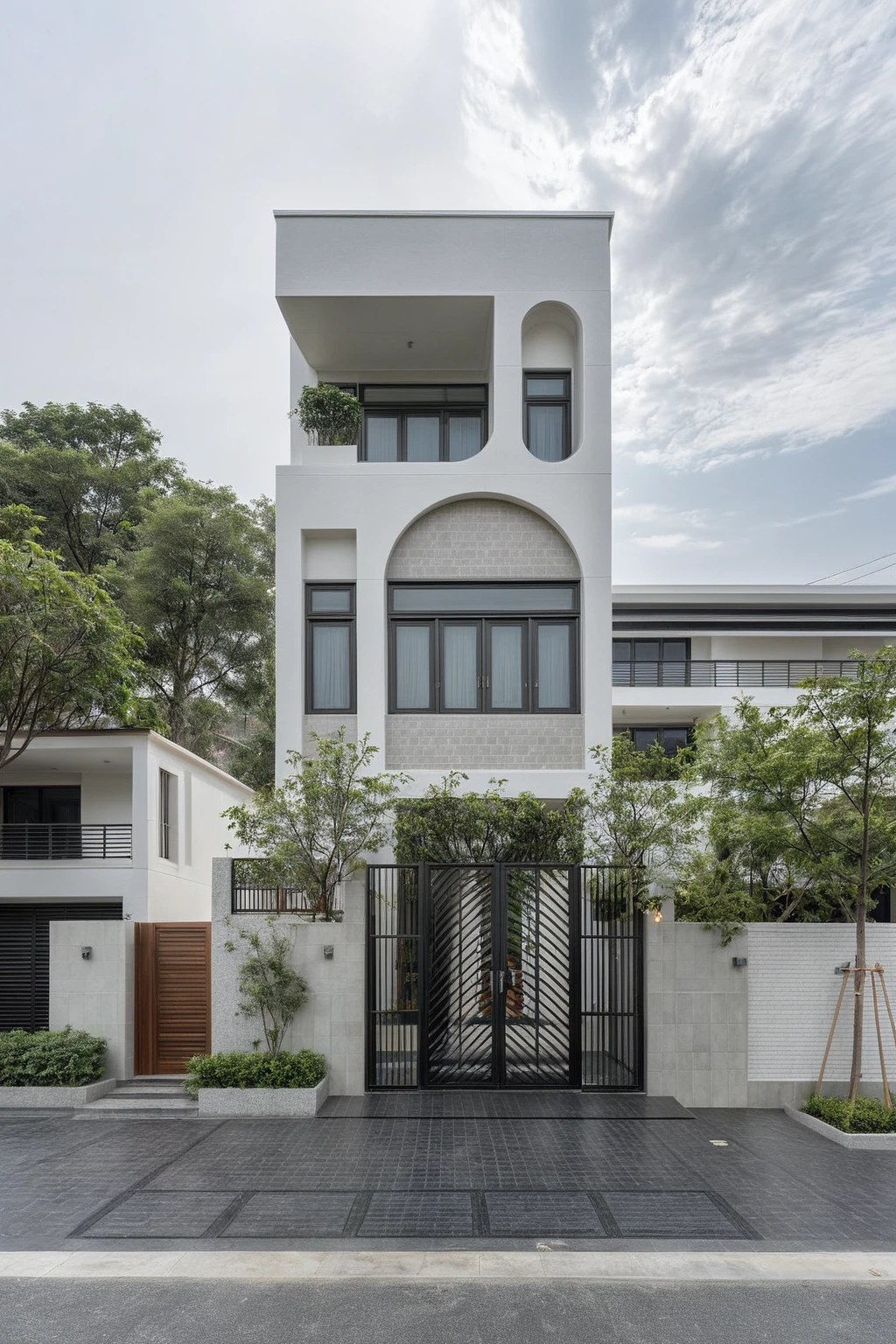 RAW photo, a photo of a modern house, (curvilinear archrchitecture:1.4), Wabisabi style rounded wall, white wall, steel black gate, sidewalk, sidewalk trees, ((grey gate:1.2)), road, viet nam modern residence, ((architectural shot)), rough white wall, new residential area, wide angle exterior 2022, contemporary house, exterior photography, masterpiece, contemporary architecture, overcast, indirect lighting