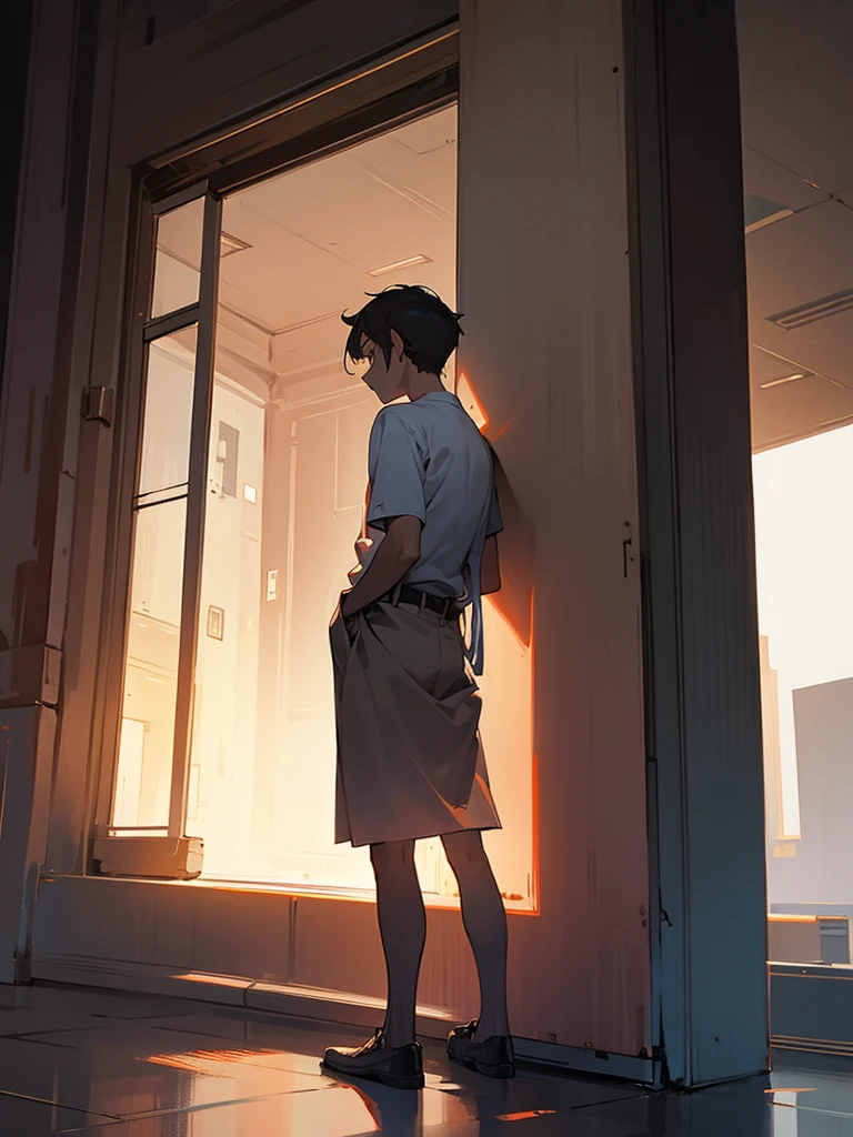 Guy Standing, leaned my back against the building, front view