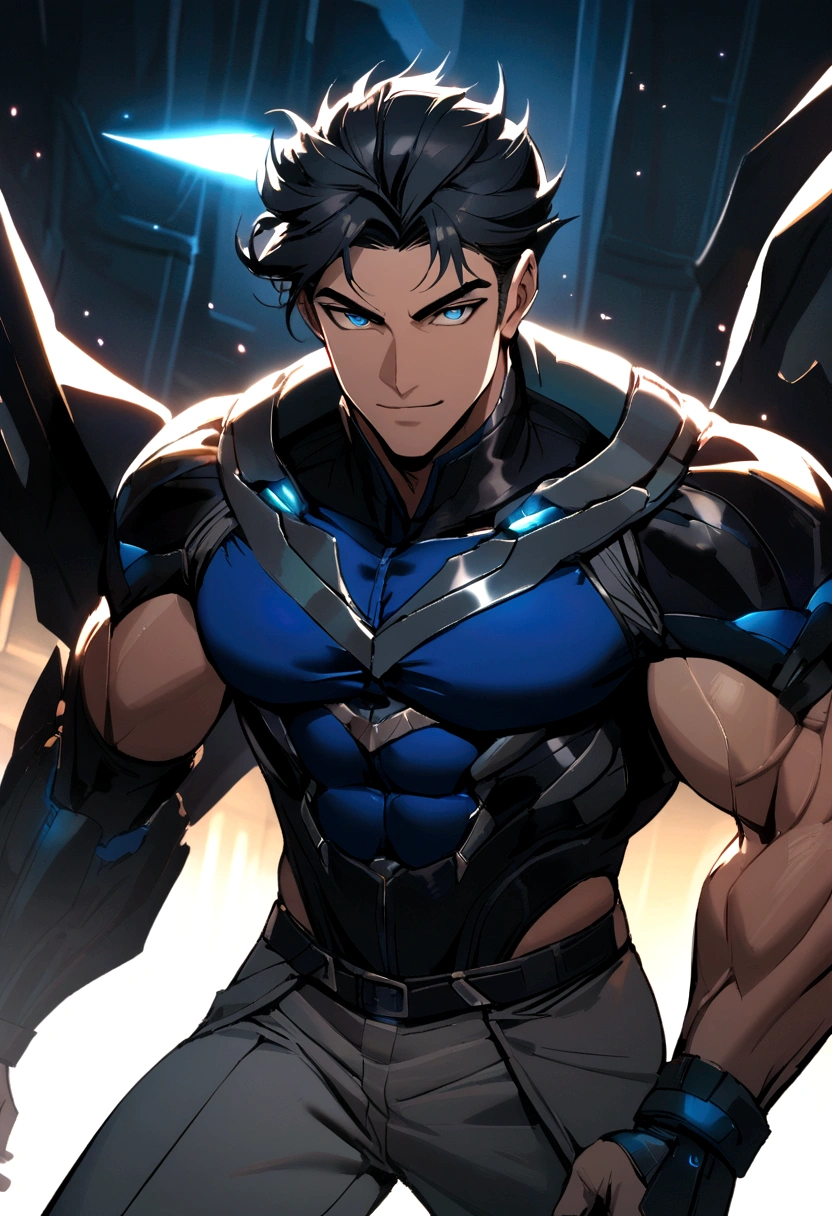 Huge muscles,Devilish wings,Devilish horns,Clear liquid dripping from penis,black costume,Huge erect penis,Ready your weapon,An angel cloaked in evil aura,The color of the face is Caucasian skin tone.,A suit with white and blue lightning bolt lines,Blue black hair with bright blue streaks,Gritting teeth to endure pain and sorrow,Lots of drooling,To stare intently with wide-open eyes.