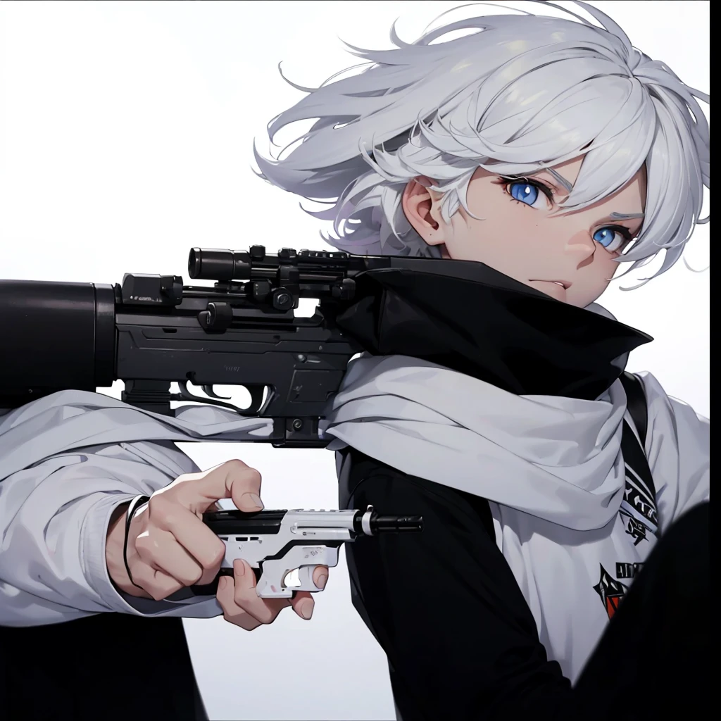 Boy with white hair;
shorth hair;
Messy hair;
eye white;
Some gun sight marks on the pupils;
wear black pants;
black jersey;
A white sweater;
A white scarf;
Snow white pupils The sniper is also white in color There's a white sniper on the back;
He is lying on the ground aiming with the sniper Right hands Symmetry Best quality No errors
Sniper na mão
((Faça ele segurar uma sniper branca simétrica sem erros e a mão segurando corretamente))
