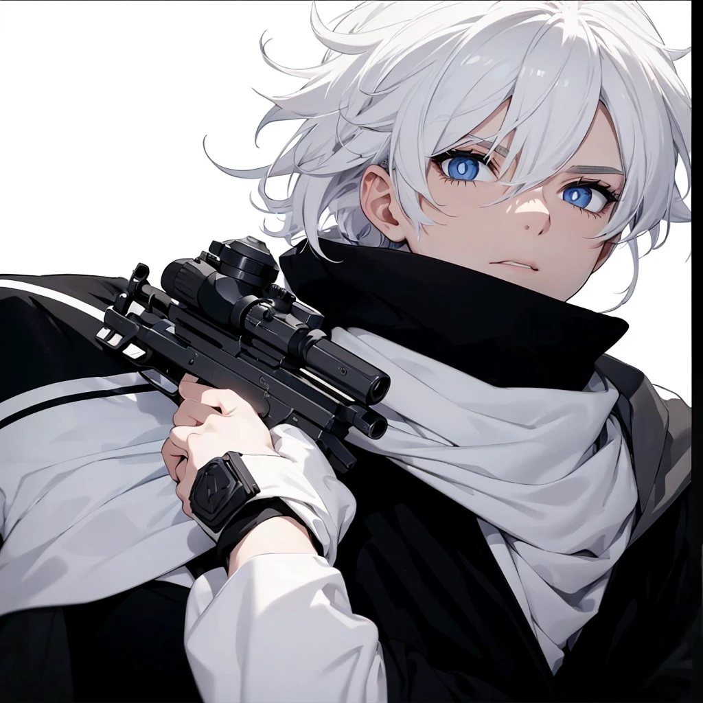 Boy with white hair;
shorth hair;
Messy hair;
eye white;
Some gun sight marks on the pupils;
wear black pants;
black jersey;
A white sweater;
A white scarf;
Snow white pupils The sniper is also white in color There&#39;s a white sniper on the back;


He is lying on the ground aiming with the sniper Right hands Symmetry Best quality No errors 

Sniper na mão 


((Faça ele segurar uma sniper branca simétrica sem erros e a mão segurando corretamente))