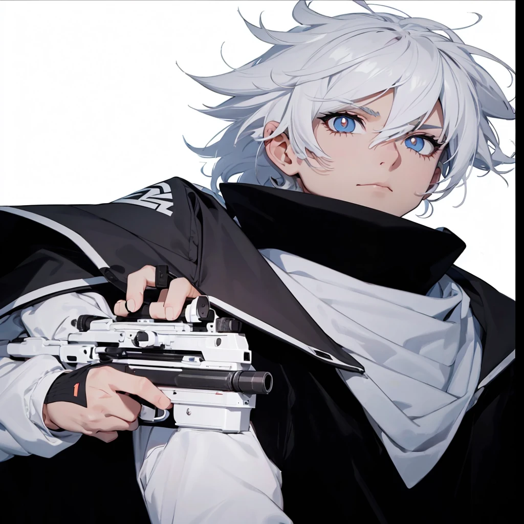 Boy with white hair;
shorth hair;
Messy hair;
eye white;
Some gun sight marks on the pupils;
wear black pants;
black jersey;
A white sweater;
A white scarf;
Snow white pupils The sniper is also white in color There's a white sniper on the back;
He is lying on the ground aiming with the sniper Right hands Symmetry Best quality No errors
Sniper na mão
((Faça ele segurar uma sniper branca simétrica sem erros e a mão segurando corretamente))