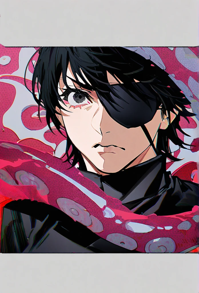 ```
Hirofumi Yoshida Chainsaw Man、black hair, black outfit, eyepatch, half-ghoul, serious expression, , kagune tentacles, detailed face, high quality listless face
```