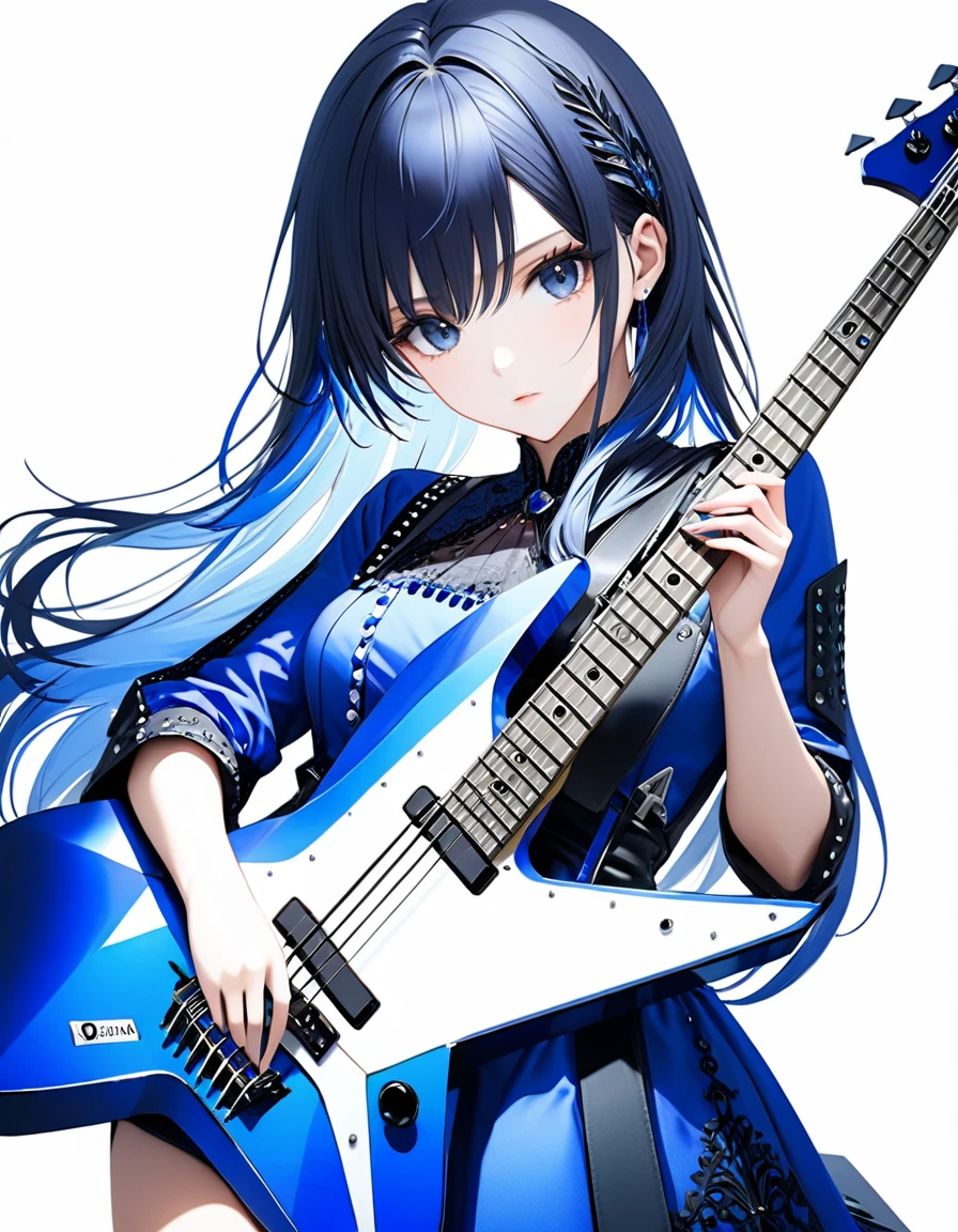 (((White background:1.5)))、(very wide shot)、(masterpiece、Ultra HD、Highest quality、Masterpiece、４K:1.2)、Slender body、Playing a black electric bass,Scandinavian Metal Girl, Intense gaze into the camera, Intricate details, Highly detailed eyes, Highly detailed fingers、Blue semi-long hair、Blue Gothic Dress, Intricate details、shoot from above