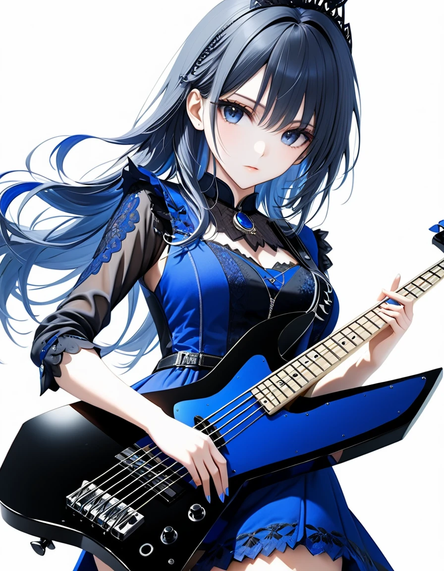 (((White background:1.5)))、(very wide shot)、(masterpiece、Ultra HD、Highest quality、Masterpiece、4K:1.2)、Slender body、Playing a black electric bass,Scandinavian Metal Girl, Intense gaze into the camera, Intricate details, Highly detailed eyes, Highly detailed fingers、Blue semi-long hair、Blue Gothic Dress, Intricate details、shoot from above