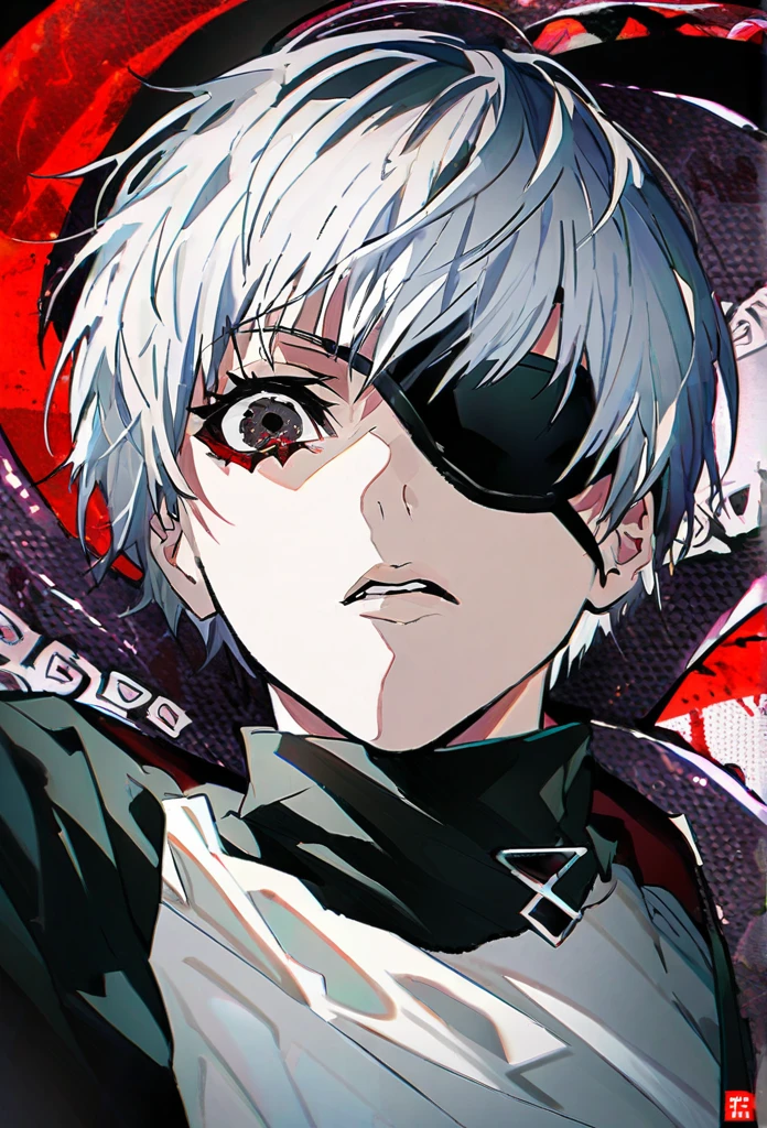 ```
Ken Kaneki, Tokyo Ghoul, white hair, black outfit, eyepatch, half-ghoul, serious expression, red kakugan eye, kagune tentacles, detailed face, high quality

```