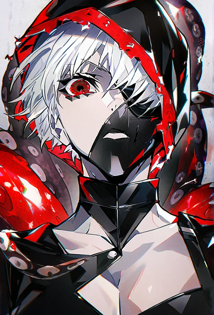 ```
Ken Kaneki, Tokyo Ghoul, white hair, black outfit, eyepatch, half-ghoul, serious expression, red kakugan eye, kagune tentacles, detailed face, high quality
```