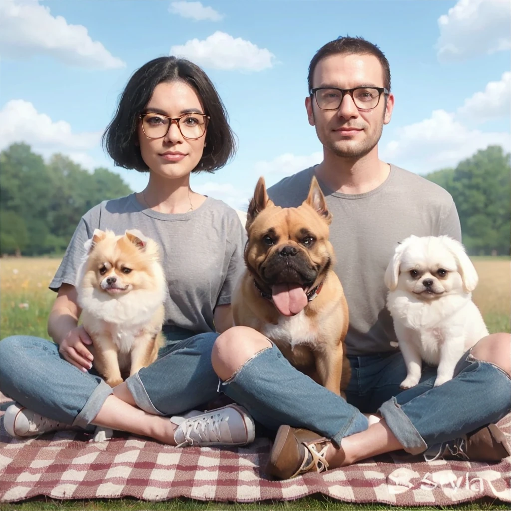 realistic 3D caricature image, a 30 year old woman, shoulder length black hair, wearing square glasses, a 30 year old man, buzzcut hair, wearing square glasses, a large nude colored American bully dog, a brown Pomeranian and a white Pekingese, having a picnic in the meadow. tree background.