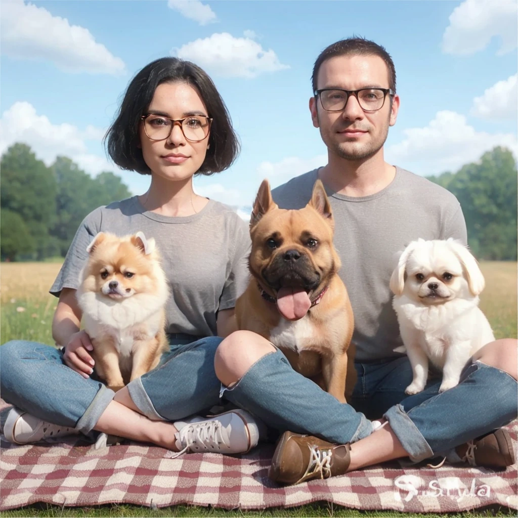 realistic 3D caricature image, a 30 year old woman, shoulder length black hair, wearing square glasses, a 30 year old man, buzzcut hair, wearing square glasses, a large nude colored American bully dog, a brown Pomeranian and a white Pekingese, having a picnic in the meadow. tree background.