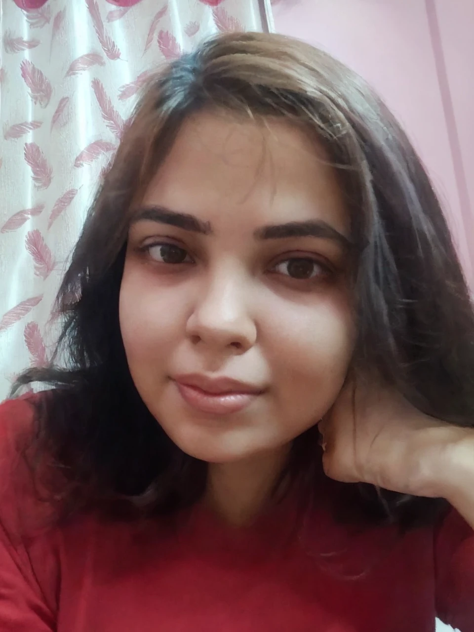 Pretty, indoor, brunette, button nose, arched eyebrows, sharp jawline, high cheekbone, rosy lips, chubby