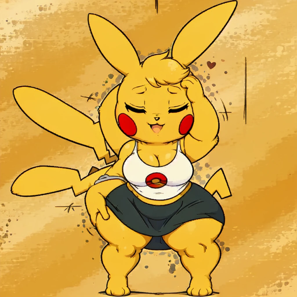 Furry pokémon Pikachu      , eyes close , Blonde hair ,Wrinkles , solo ,Giant   ,Full body , wearing Tight skirt , ((melhor qualidade)) , Full body 