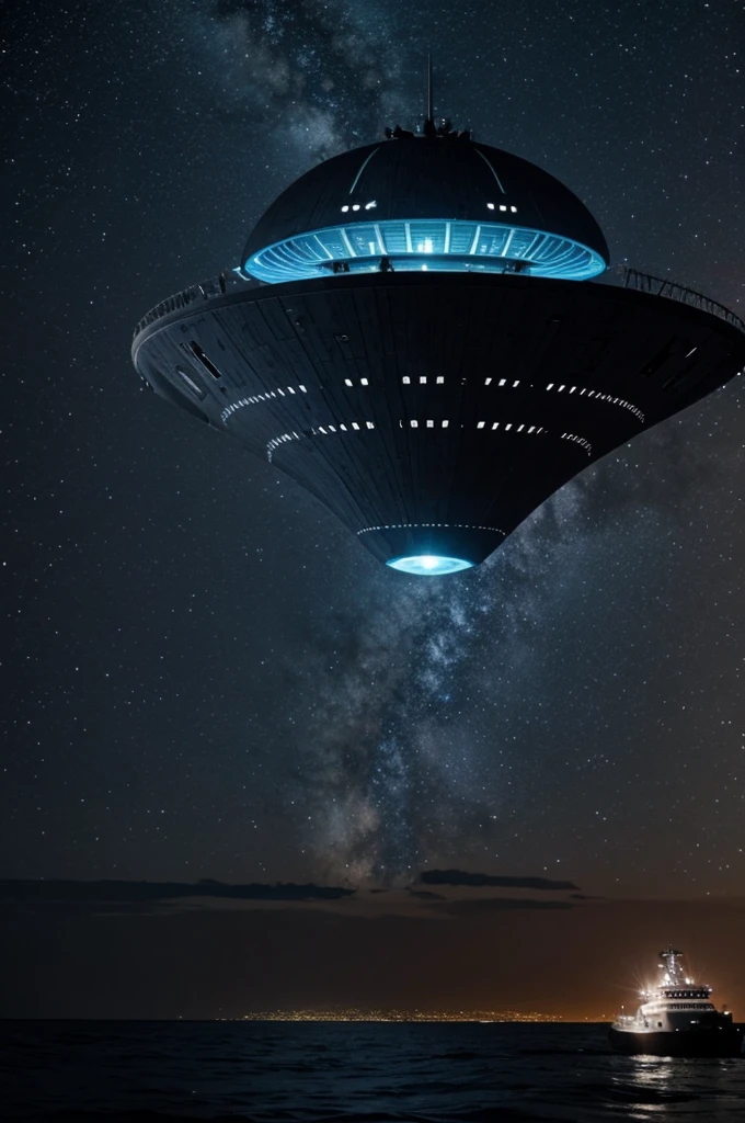 A giant alien ship appears in the night sky and many small ships around it
