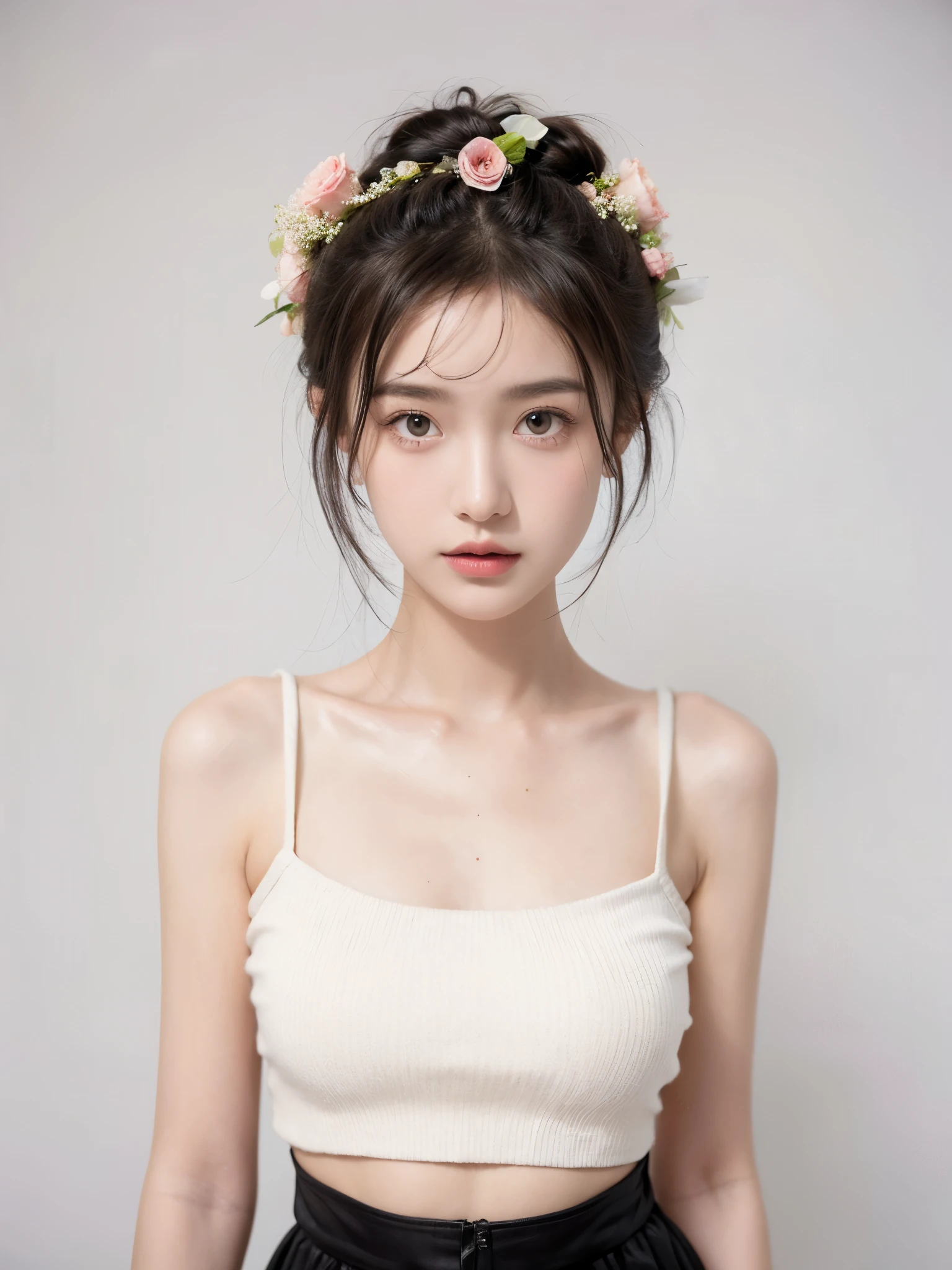 masterpiece,Best picture quality,Extreme details,Ultra-high resolution,Ultra-high definition,Beautiful young people,Glowing skin,thin,Black Hair,Half bun,1,big eyes,beautiful eyes,Lipstick,Exquisite facial features,Medium shot,Looking at the viewer, Tube Top Suspenders,Single tone background,White background,Soft light,Wear flowers on your head