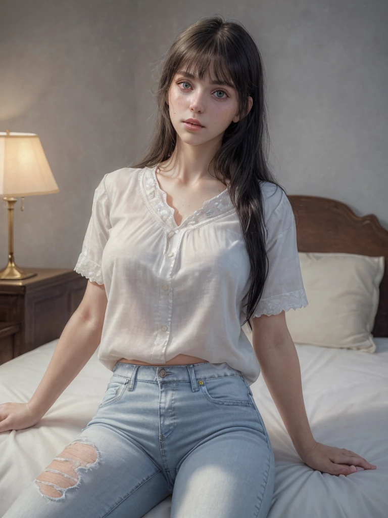 (lora:add_detail:1) (realistic:1.1), (photorealistic:1.1), (masterpiece:1.1), (best quality:1.1), RAW photo, highres, ultra detailed, High detail RAW color photo, professional photograph, masterpiece, best quality, realistic, real skin, 1girl, low_key, solo, lighting, long black hair, full body, lying on bed, in a well-lit room, beautiful detailed eyes, (detailed face:1.2), extremely beautiful face, beautiful young woman, wearing white short-sleeve blouse and light blue jeans, relaxed atmosphere, comfortable setting, lora:add_detail:1