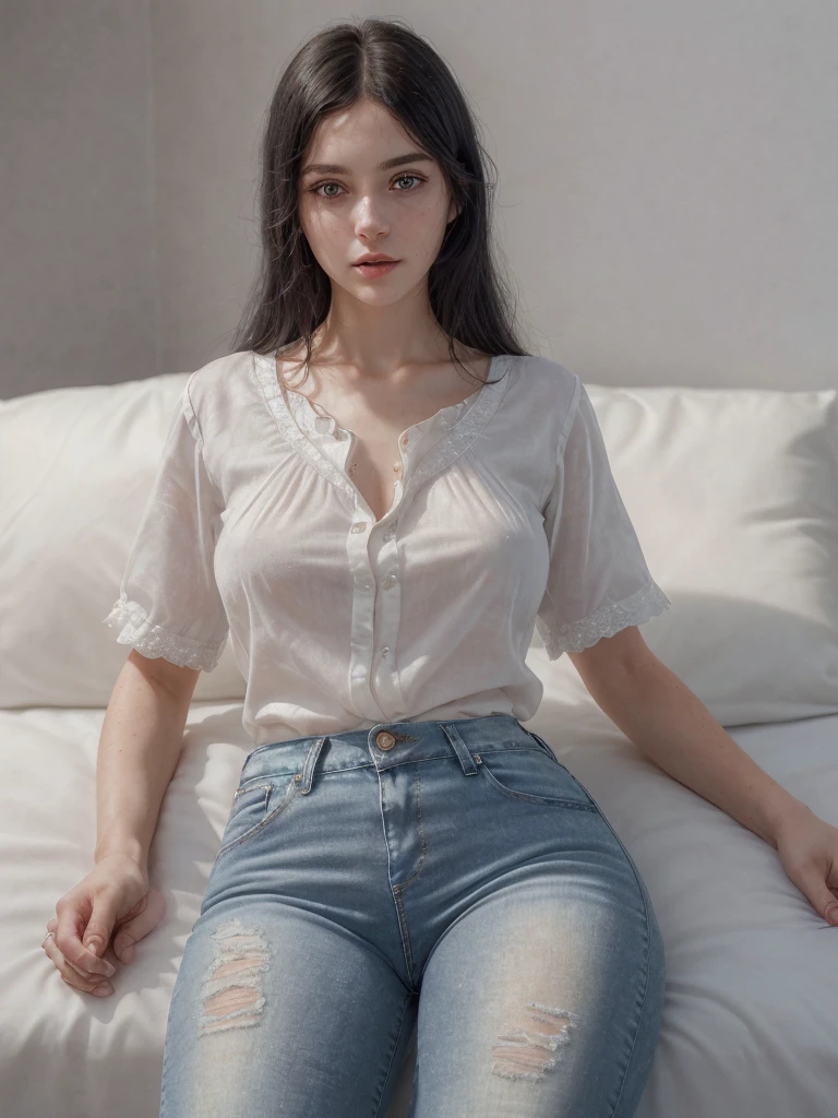 (lora:add_detail:1) (realistic:1.1), (photorealistic:1.1), (masterpiece:1.1), (best quality:1.1), RAW photo, highres, ultra detailed, High detail RAW color photo, professional photograph, masterpiece, best quality, realistic, real skin, 1girl, low_key, solo, lighting, long black hair, full body, lying on bed, in a well-lit room, beautiful detailed eyes, (detailed face:1.2), extremely beautiful face, beautiful young woman, wearing white short-sleeve blouse and light blue jeans, relaxed atmosphere, comfortable setting, lora:add_detail:1