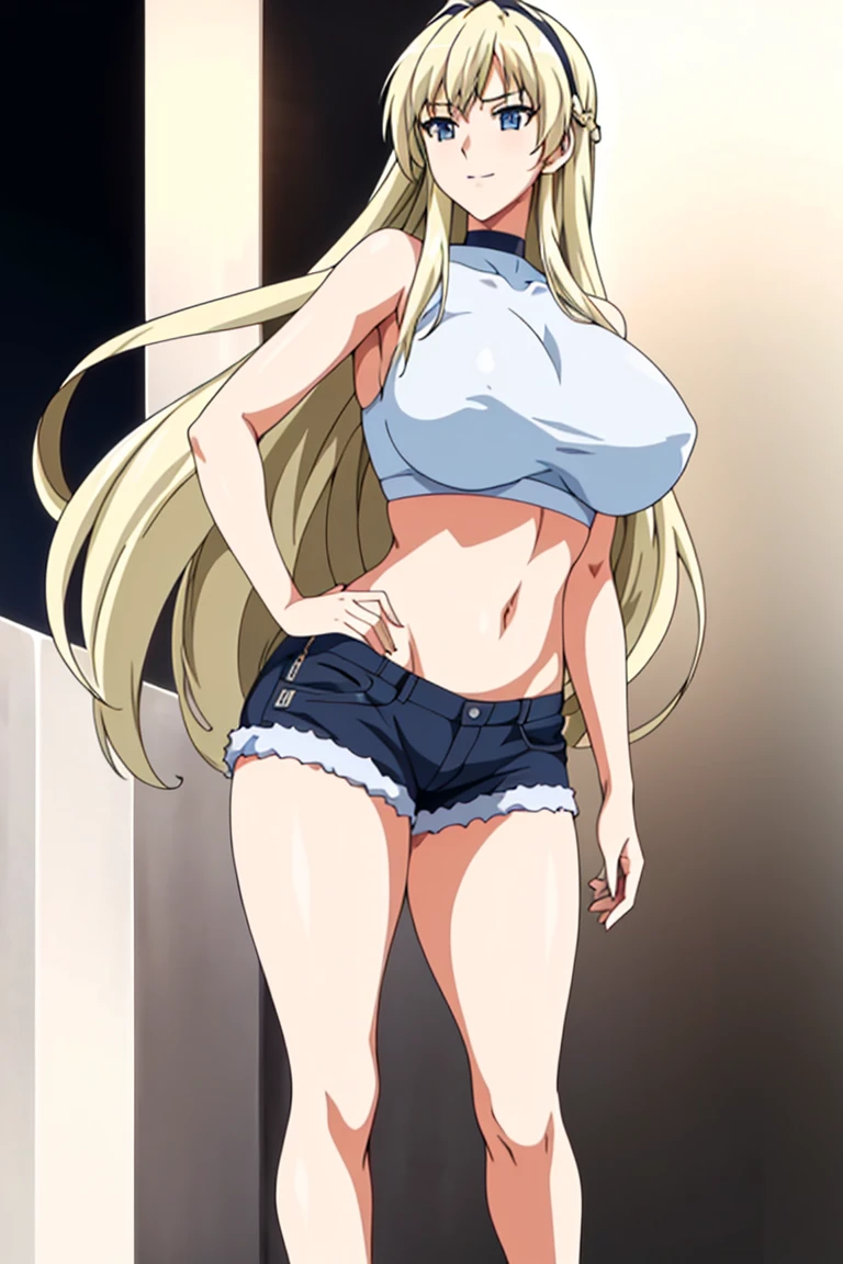 Simple White Background, at attention,
navel,halterneck,crop top,bare shoulders,
bangs,blonde hair,hair between eyes, hairband, long hair,Blue_Eyes,
1 girl, 20yo,Young female,Beautiful Finger,Beautiful long legs,Beautiful body,Beautiful Nose,Beautiful character design, perfect eyes, perfect face,expressive eyes,perfect balance,
looking at viewer,(Focus on her face),closed mouth, (innocent_big_eyes:1.0),Light_Smile,
official art,extremely detailed CG unity 8k wallpaper, perfect lighting,Colorful, Bright_Front_face_Lighting,shiny skin,
(masterpiece:1.0),(best_quality:1.0), ultra high res,4K,ultra-detailed,
photography, 8K, HDR, highres, absurdres:1.2, Kodak portra 400, film grain, blurry background, bokeh:1.2, lens flare, (vibrant_color:1.2),professional photograph,
(Beautiful,large_Breasts:1.4), (beautiful_face:1.5),(narrow_waist), shorts, horny